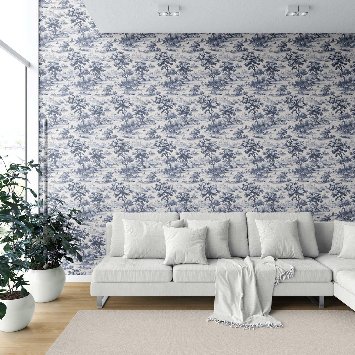 Floral Toile de Jouy Nature Print Shower Toilet Wallpaper (Navy Blue)