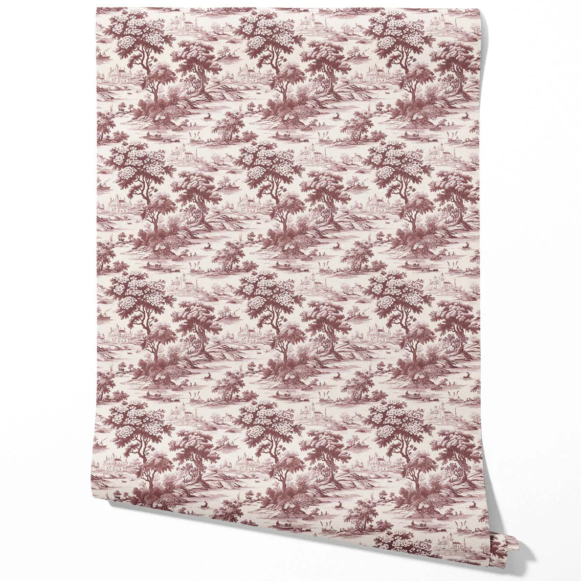 Floral Toile de Jouy Nature Print Traditional Wallpaper (Maroon Red/ Deep Pink)