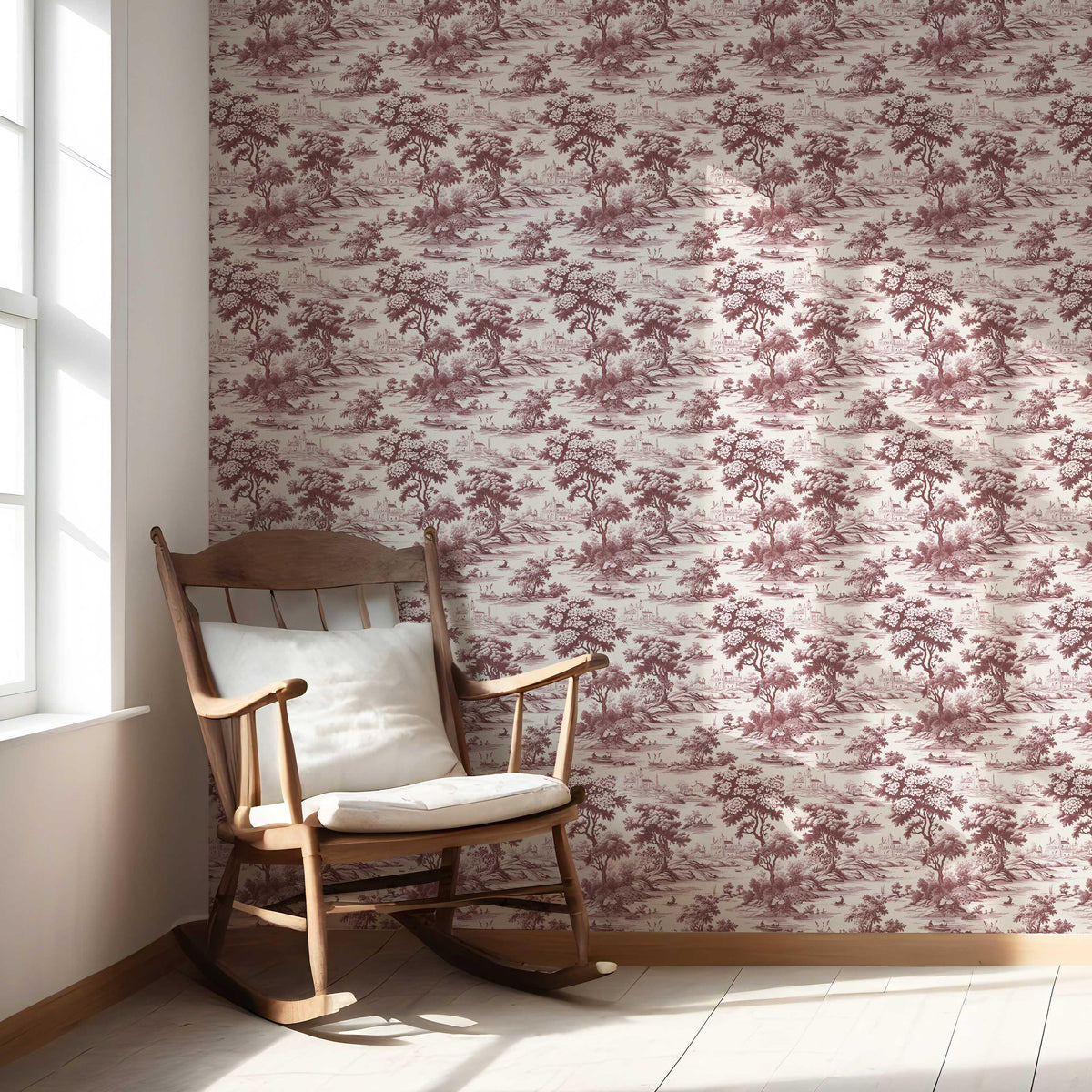 Floral Toile de Jouy Nature Print Nursery Wallpaper (Maroon Red/ Deep Pink)