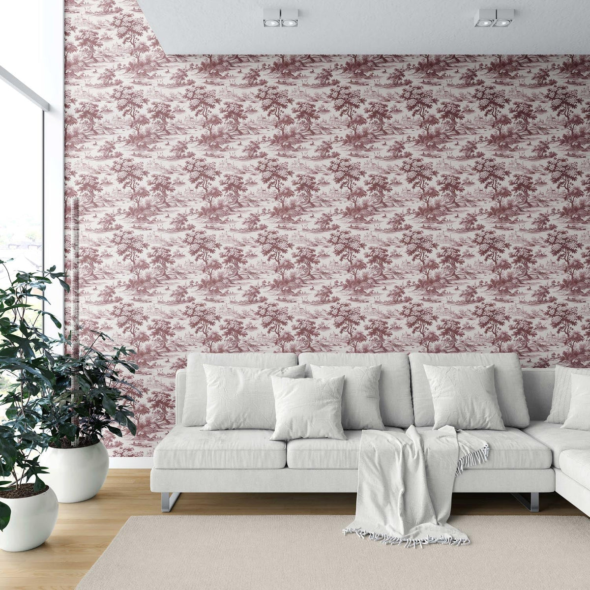 Floral Toile de Jouy Nature Print Shower Toilet Wallpaper (Maroon Red/ Deep Pink)