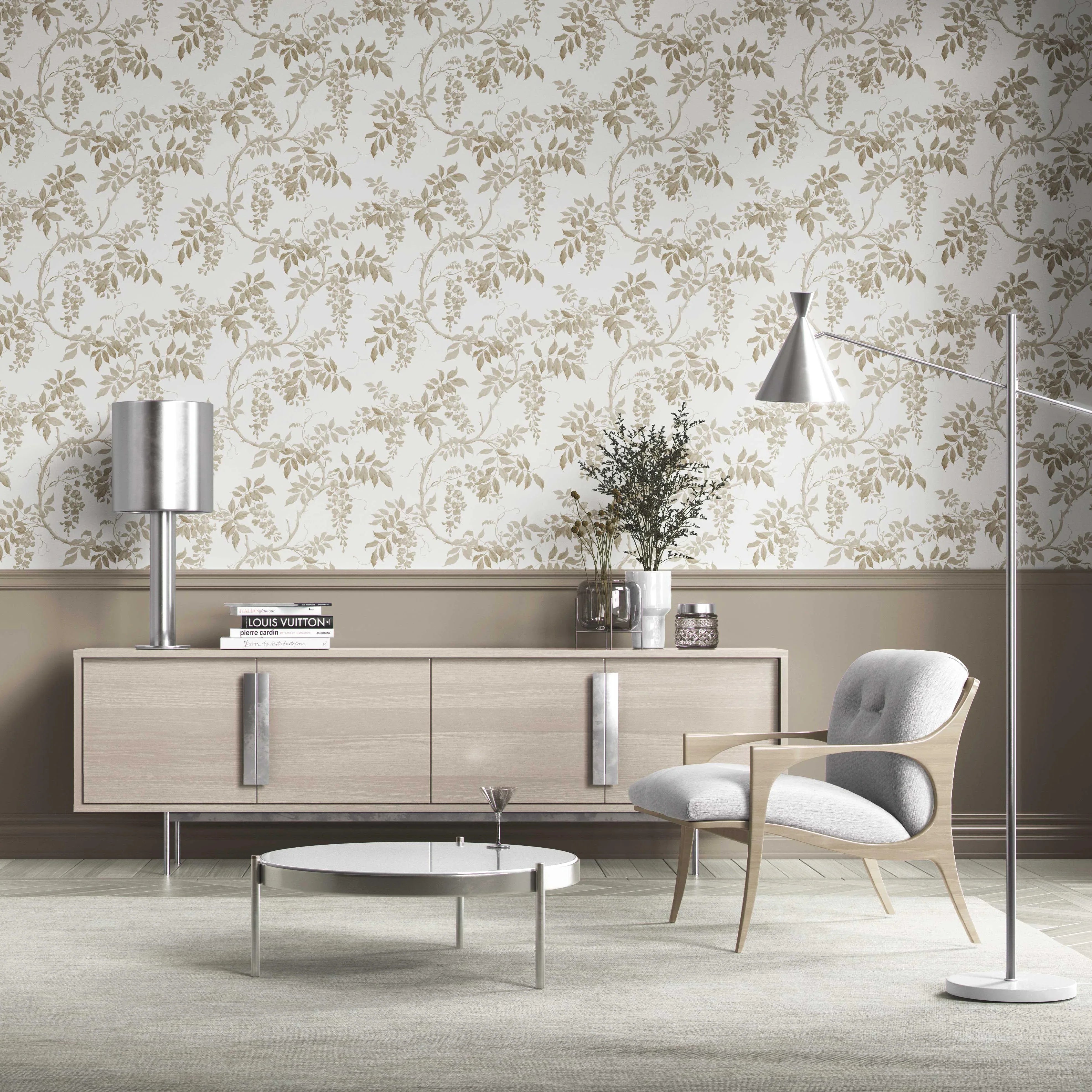 Neutral Floral Vine/ Botanical Kitchen Wallpaper (Beige/ Taupe/ Grey/ White)