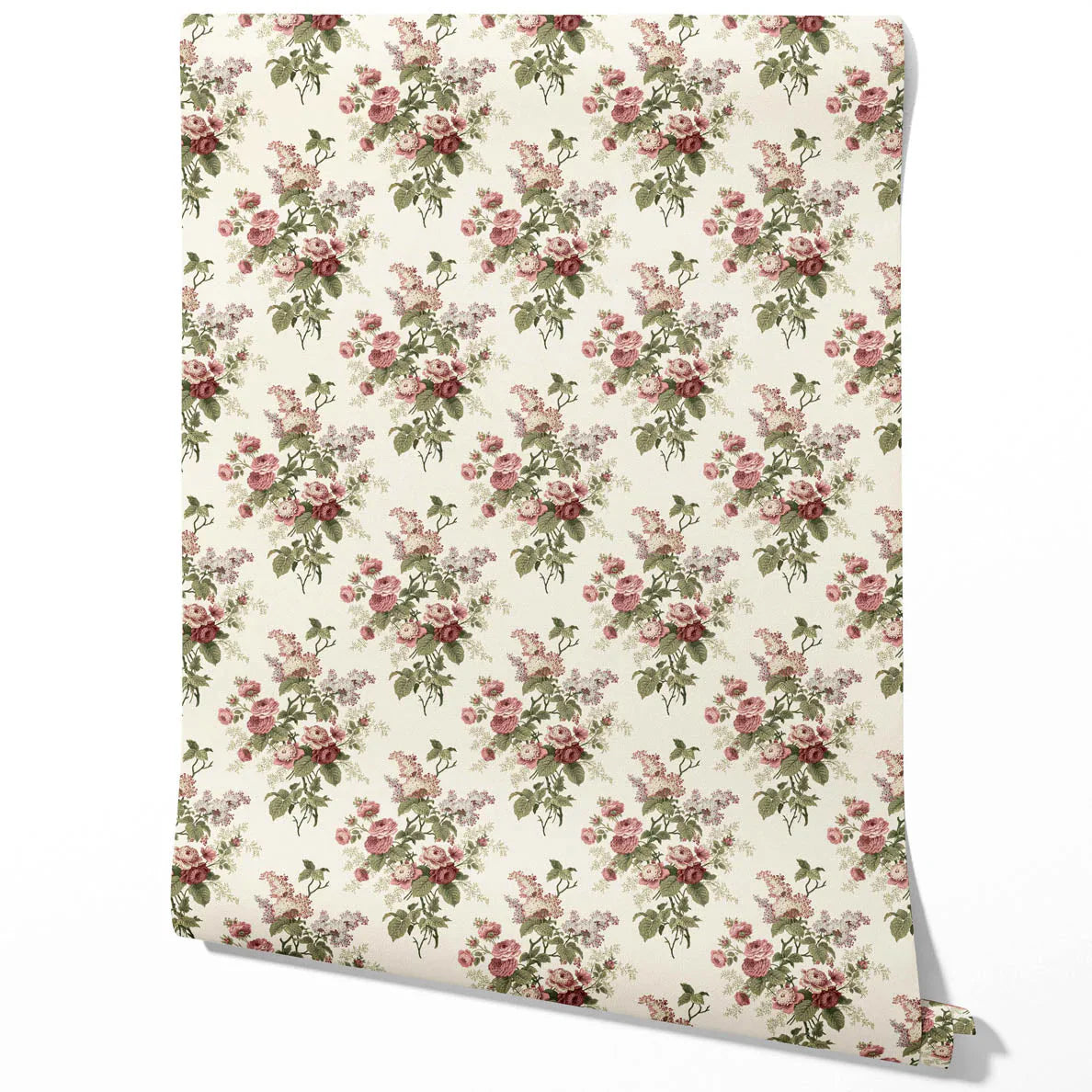 English Floral Print Traditional Wallpaper Sample (Cream/ Pink/ Green/ Mauve)
