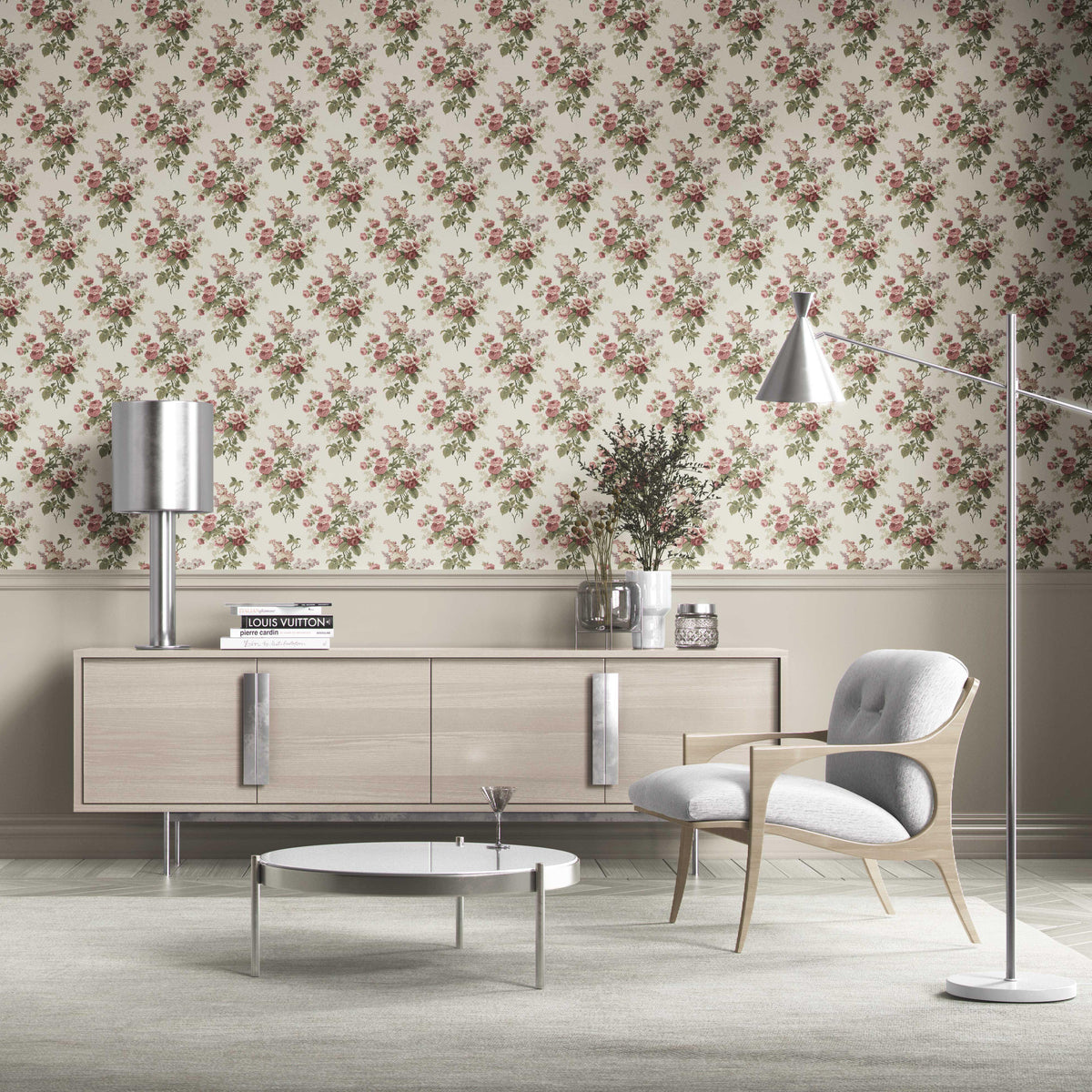 English Floral Print Kitchen Wallpaper Sample (Cream/ Pink/ Green/ Mauve)
