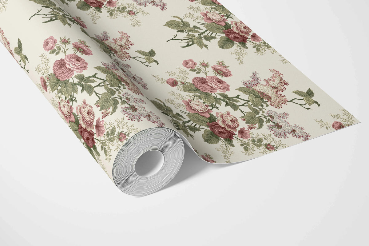 English Floral Print Bathroom Wallpaper Sample (Cream/ Pink/ Green/ Mauve)
