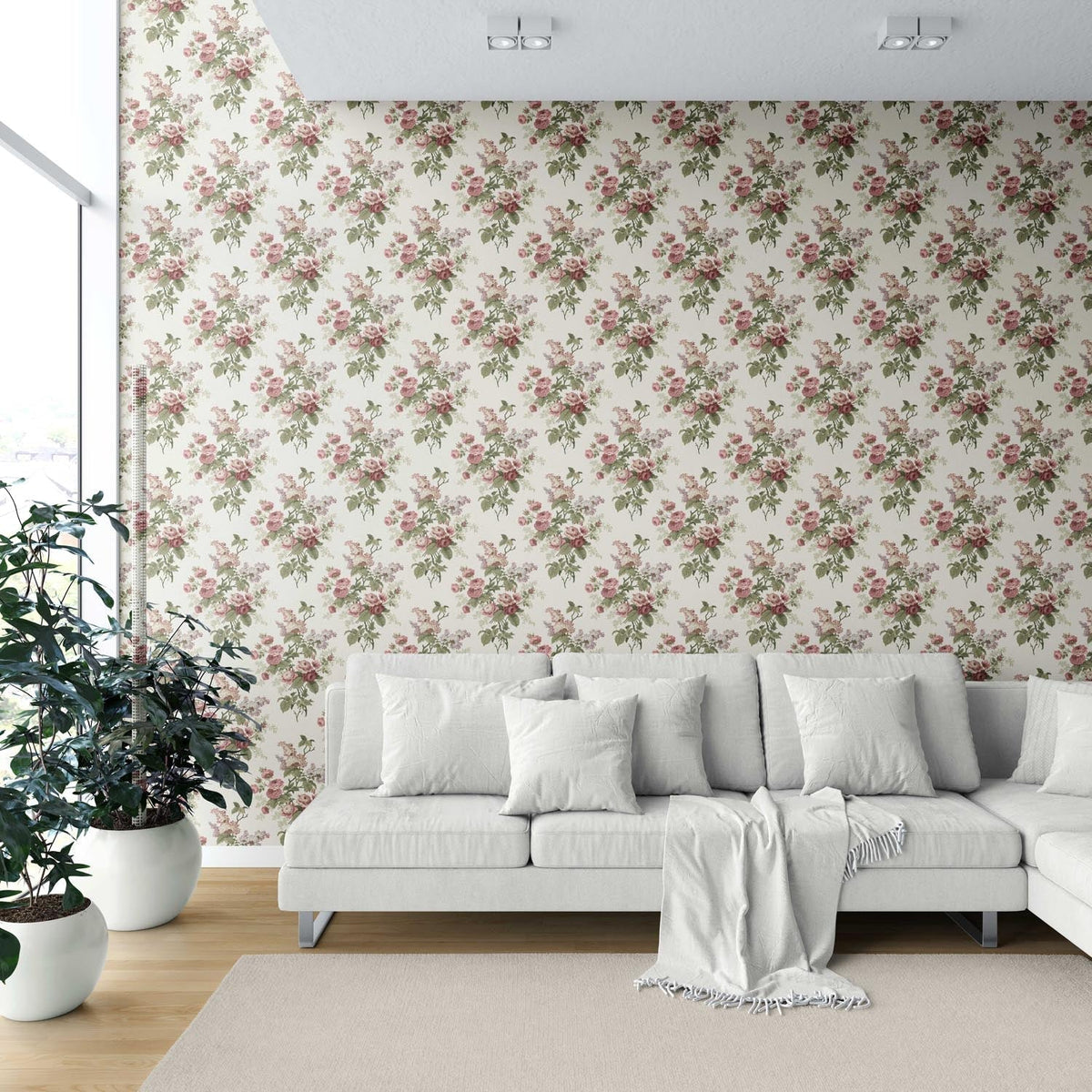 English Floral Print Shower Toilet Wallpaper (Cream/ Pink/ Green/ Mauve)