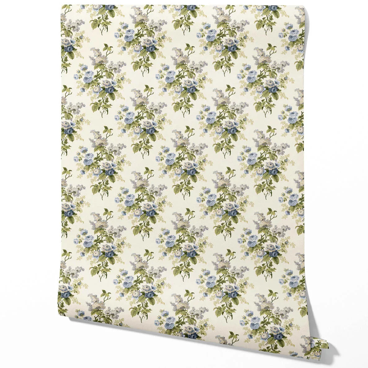 English Floral Print Traditional Wallpaper Sample (Cream/ Blue/ Green)