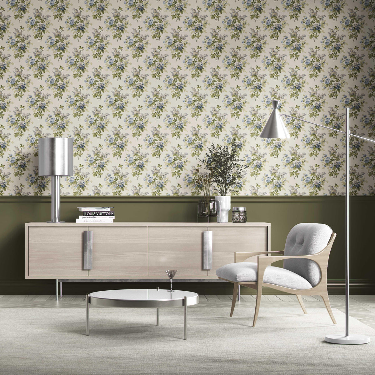 English Floral Print Kitchen Wallpaper (Cream/ Blue/ Green)