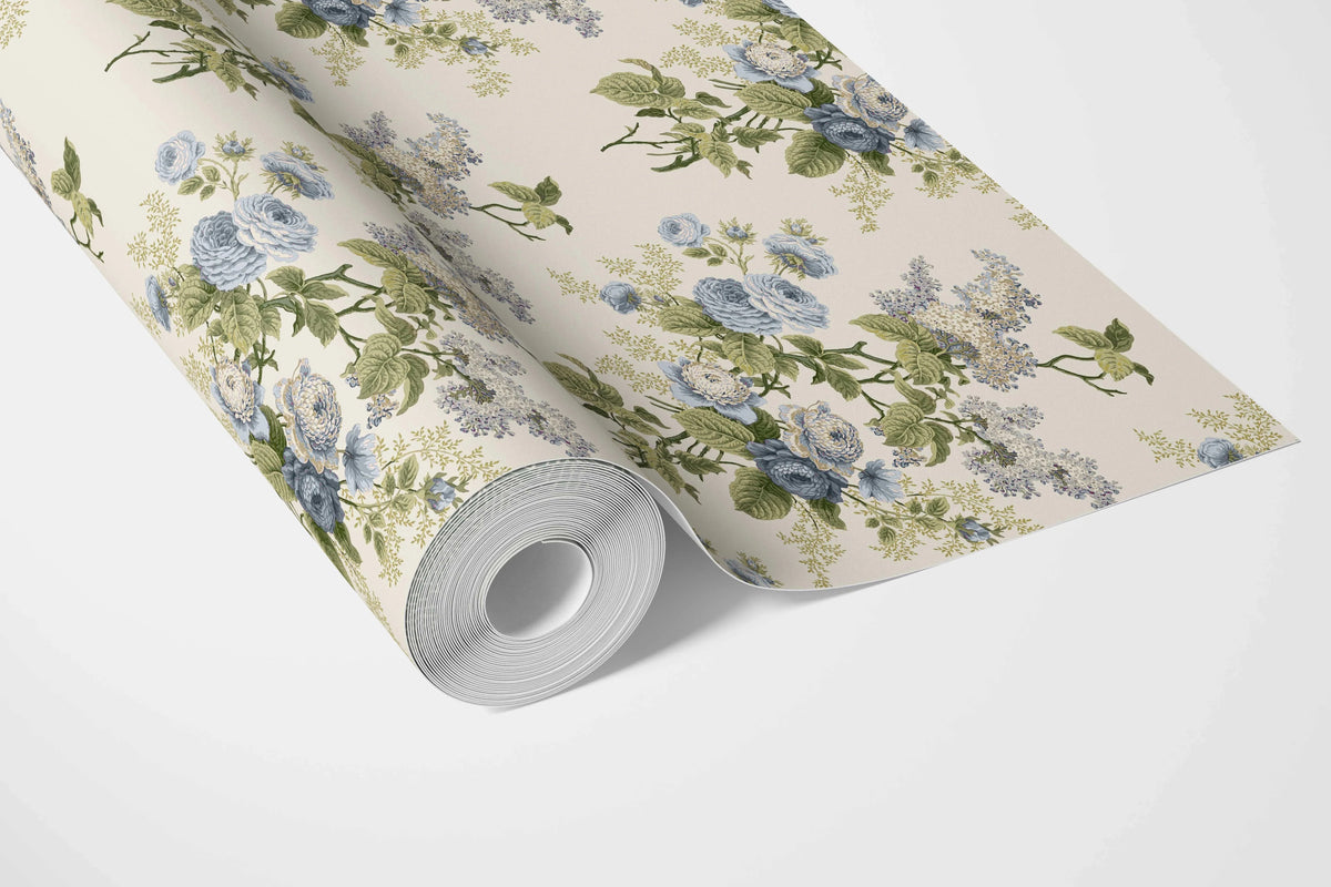 English Floral Print Bathroom Wallpaper Sample (Cream/ Blue/ Green)