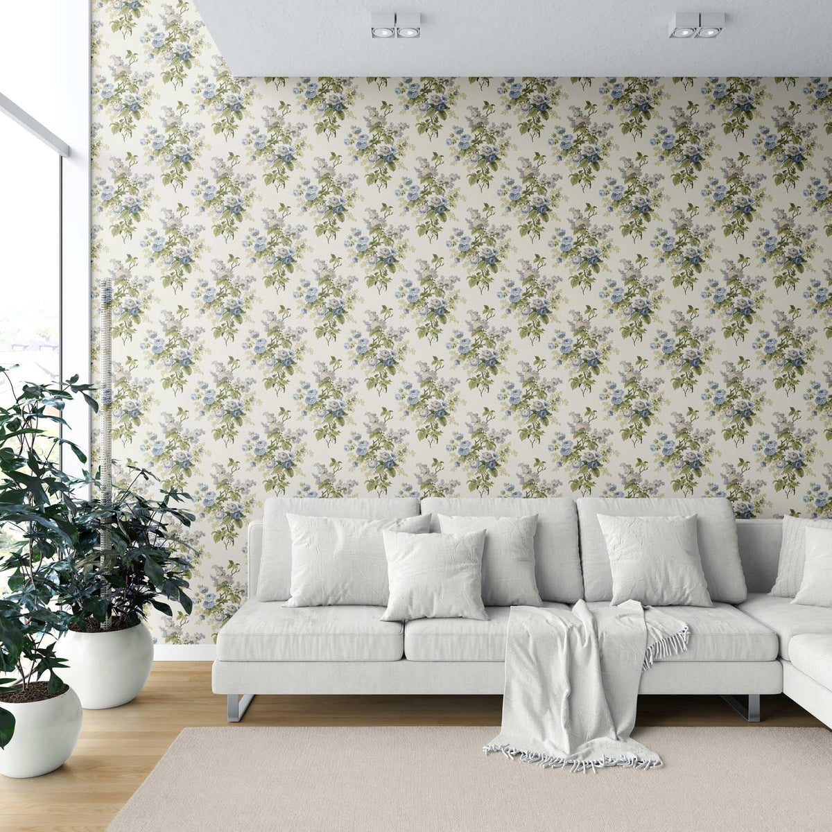 English Floral Print Shower Toilet Wallpaper Sample (Cream/ Blue/ Green)