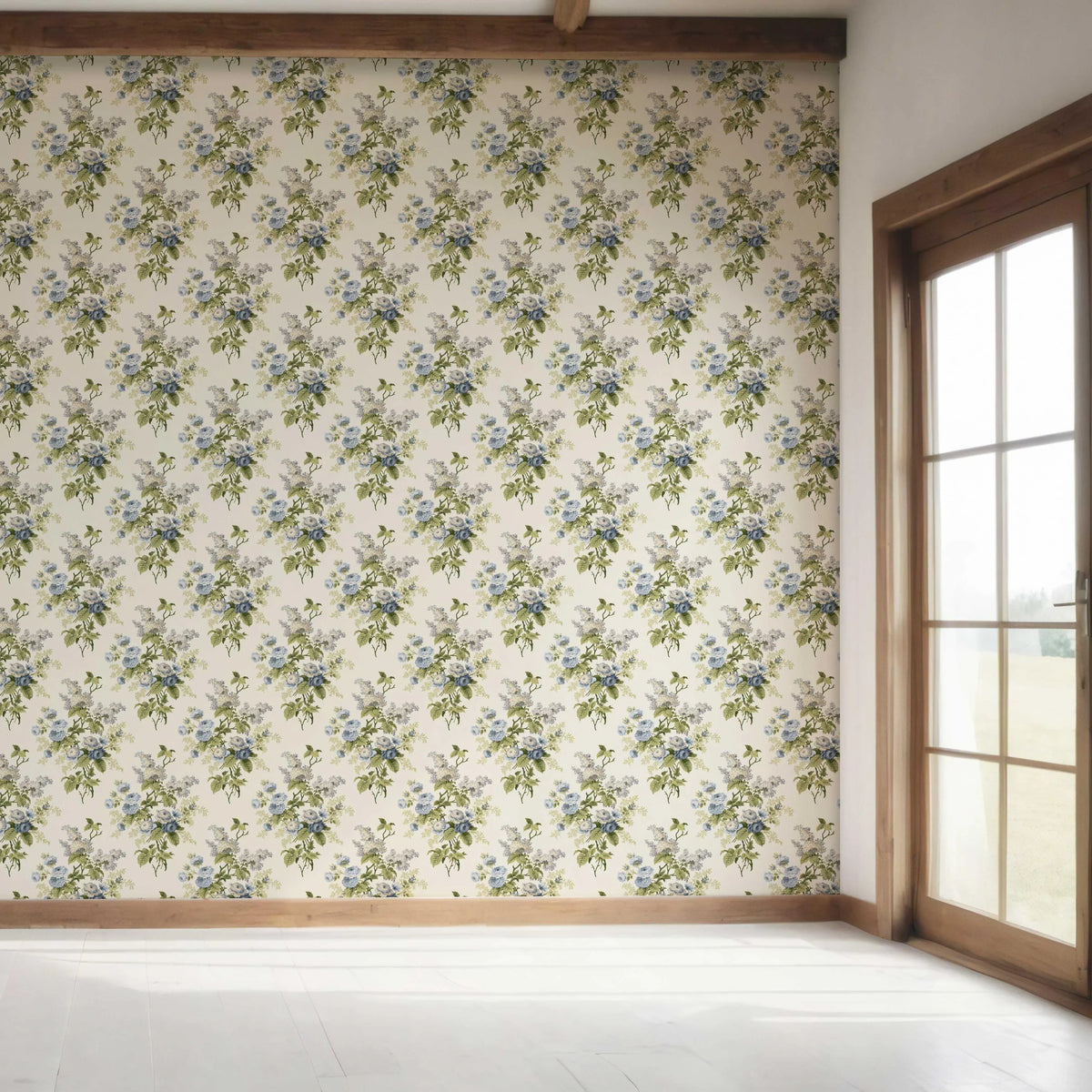 English Floral Print Bedroom Wallpaper Sample (Cream/ Blue/ Green)