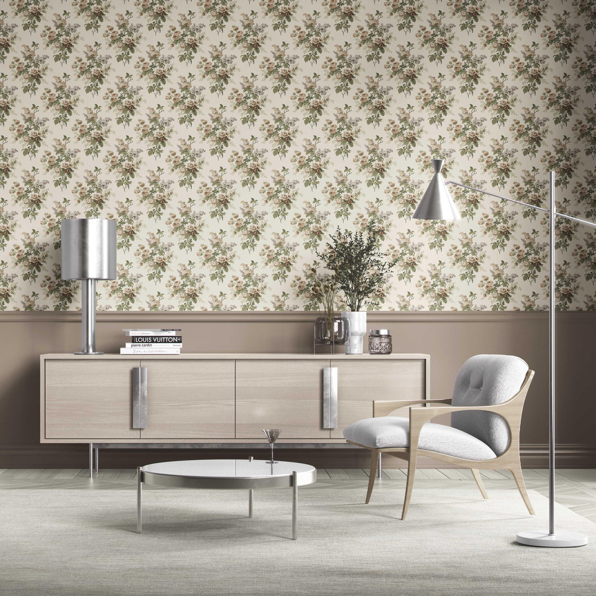 English Floral Print Kitchen Wallpaper Sample (Cream/ Beige/ Brown/ Green/ Gray)