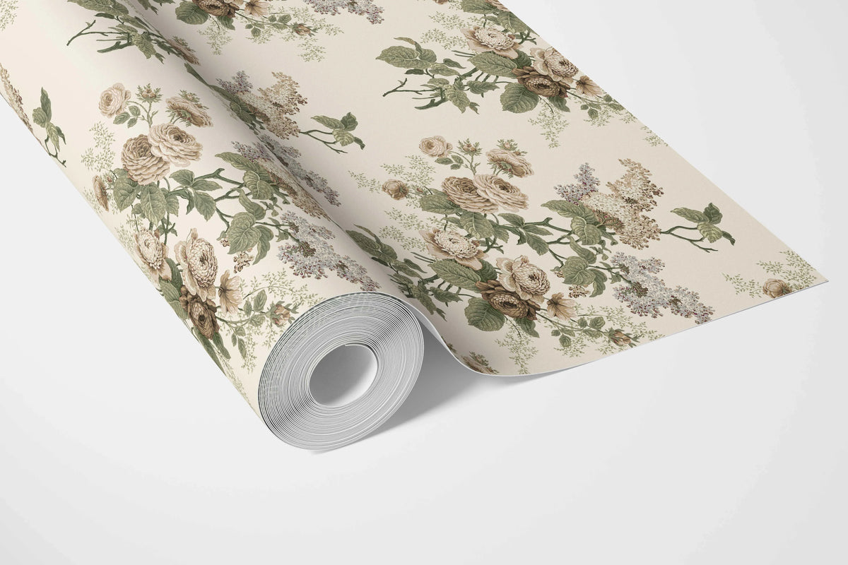 English Floral Print Bathroom Wallpaper (Cream/ Beige/ Brown/ Green/ Gray)