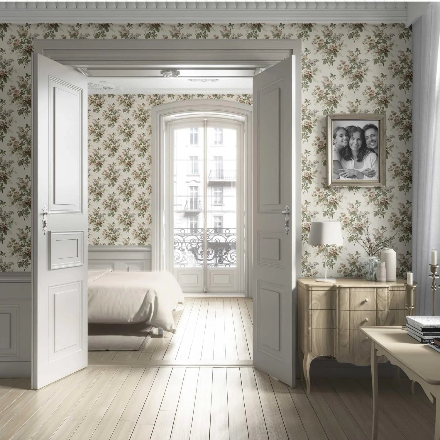 English Floral Print Living Room Wallpaper Sample (Cream/ Beige/ Brown/ Green/ Gray)