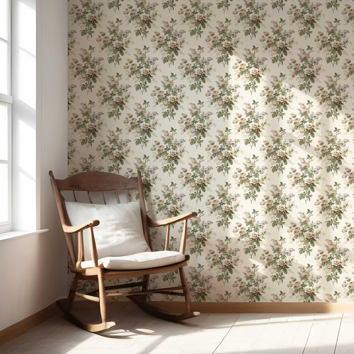 English Floral Print Nursery Wallpaper Sample (Cream/ Beige/ Brown/ Green/ Gray)