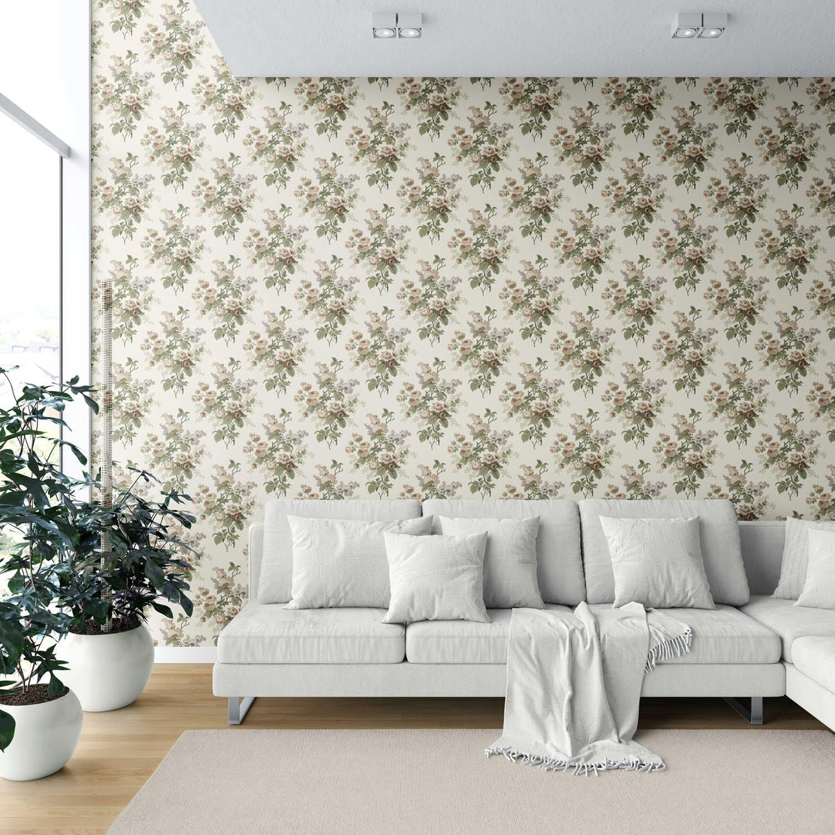 English Floral Print Shower Toilet Wallpaper Sample (Cream/ Beige/ Brown/ Green/ Gray)