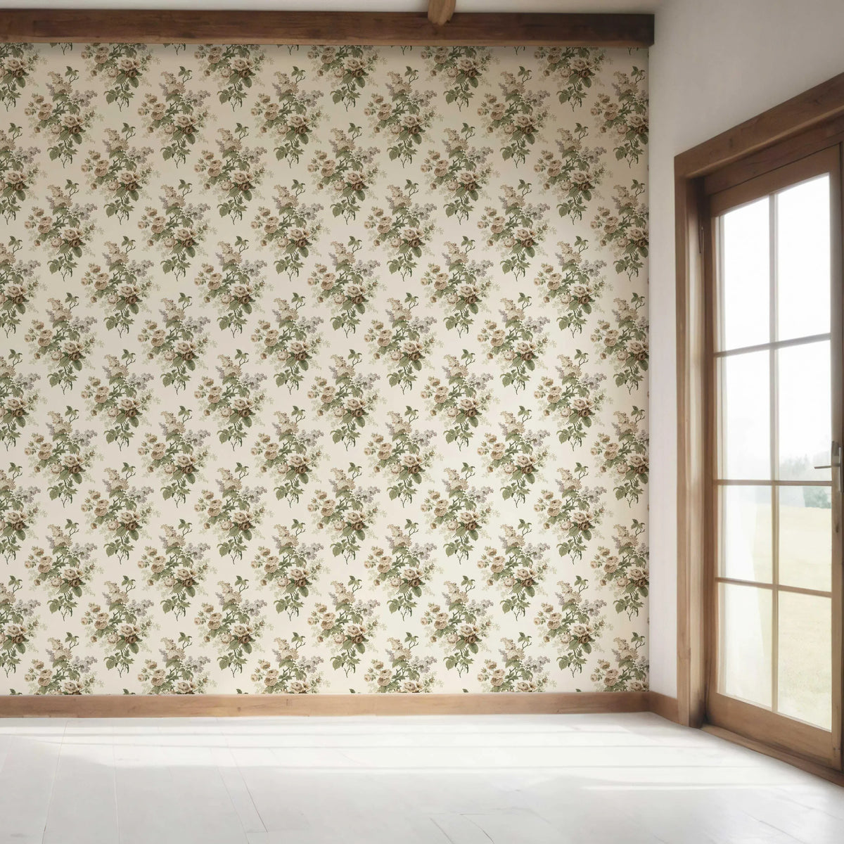 English Floral Print Bedroom Wallpaper Sample (Cream/ Beige/ Brown/ Green/ Gray)