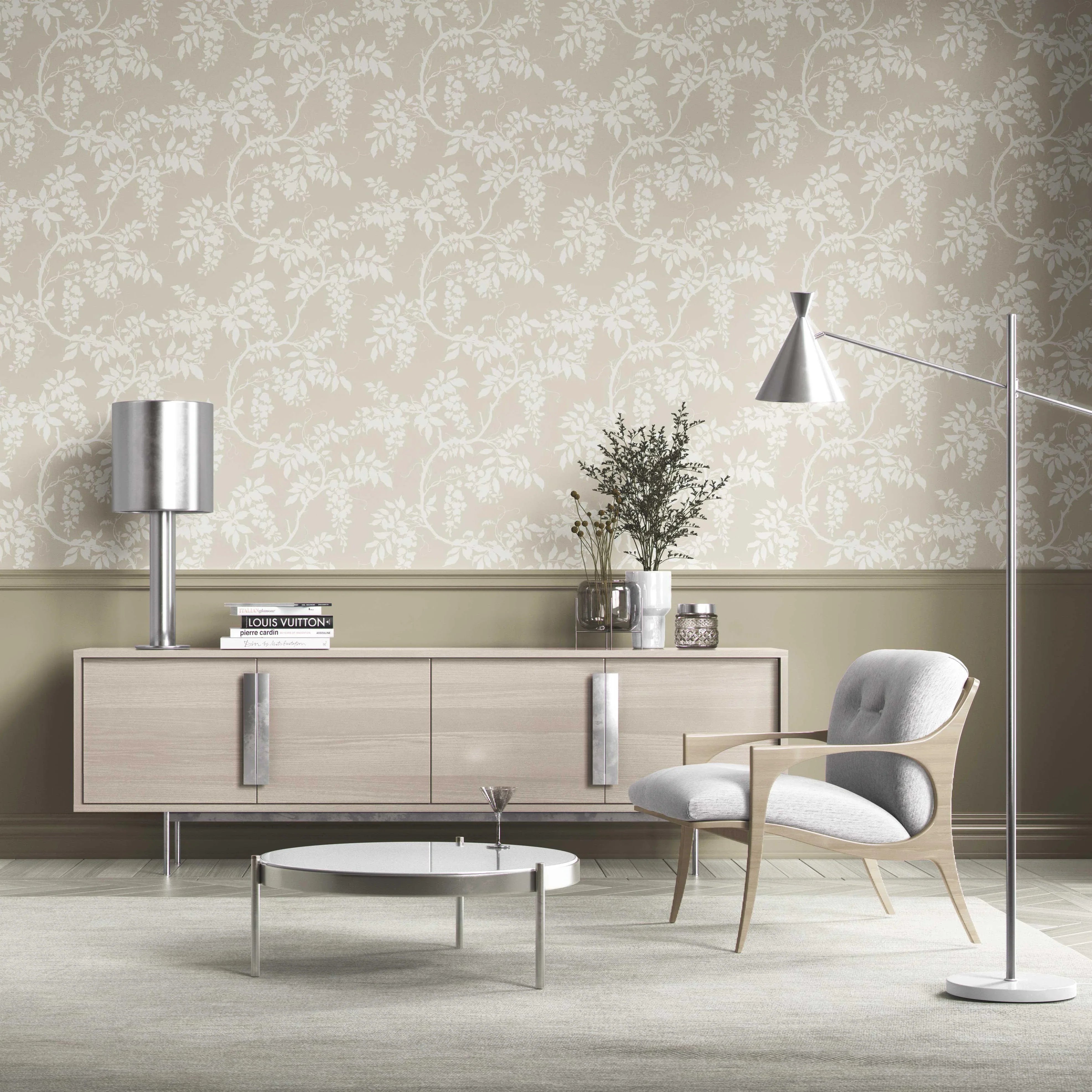 Neutral Floral Vine/ Botanical Kitchen Wallpaper (Beige/ Cream/ Warm Grey)