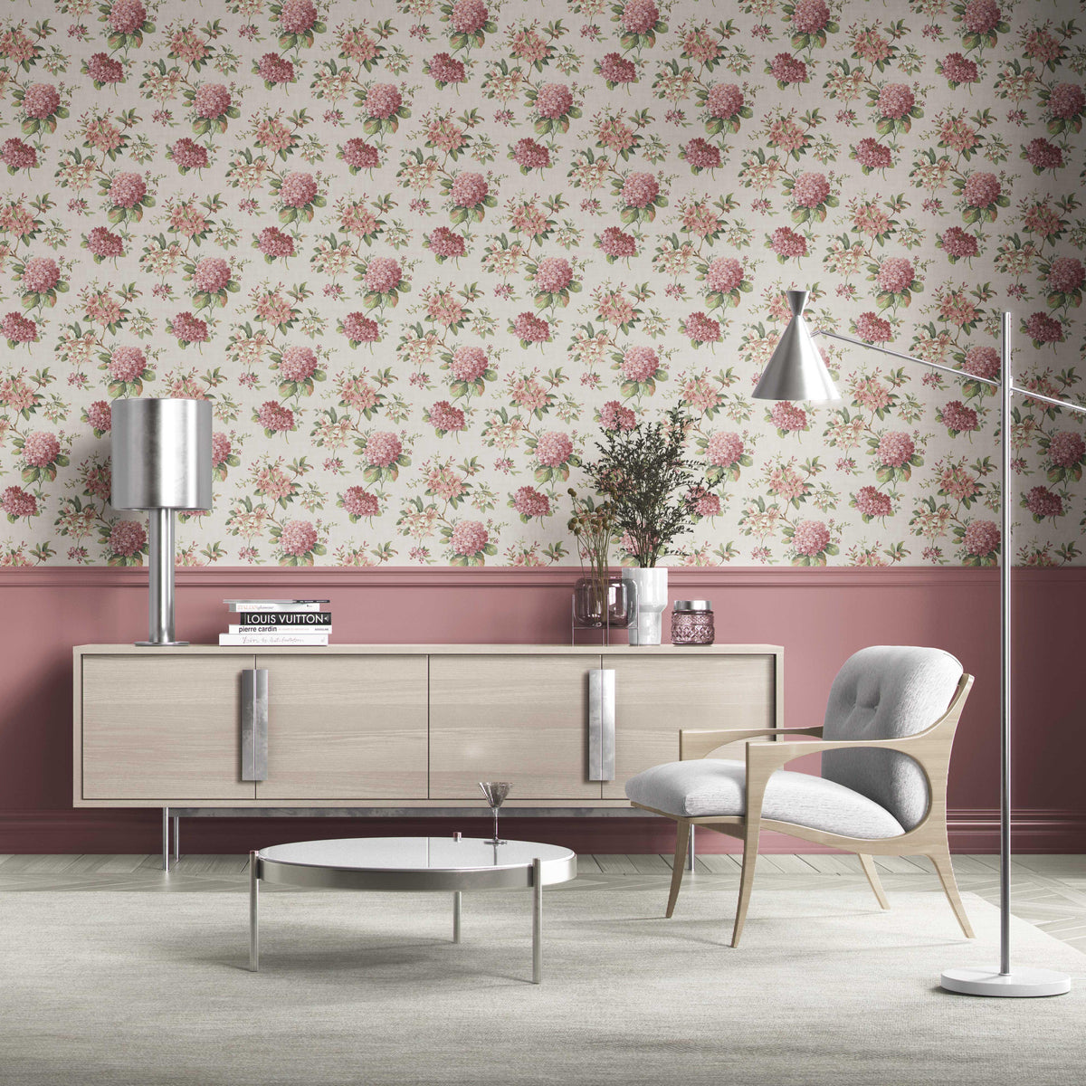 Modern Floral Block Print Kitchen Wallpaper Sample (Blush Pink/ Green)