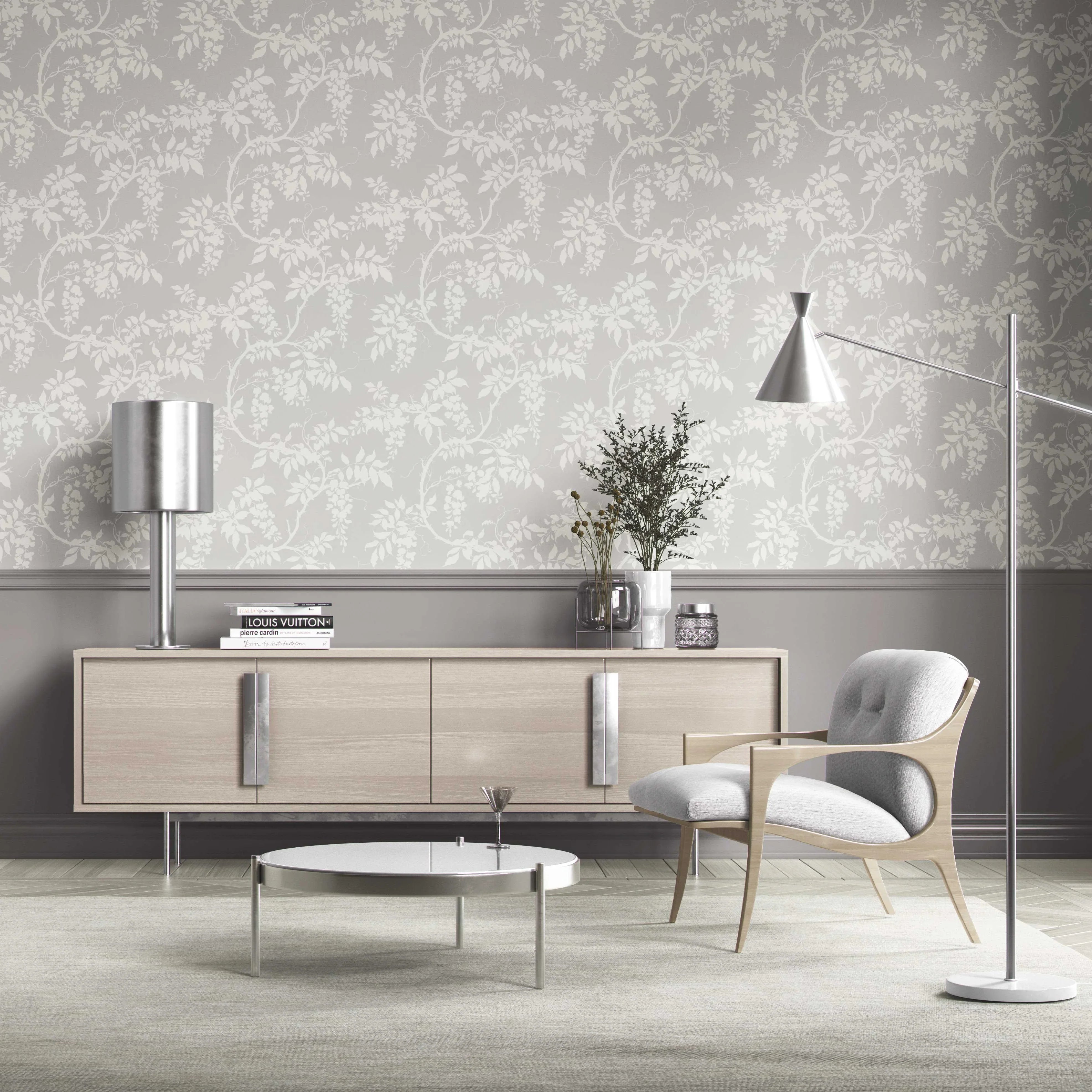 Neutral Floral Vine/ Botanical Kitchen Wallpaper (Dove Grey/ Off-White)
