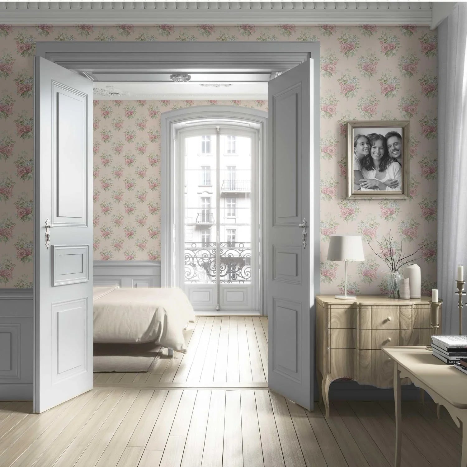 Floral Block Print Living Room Wallpaper (Blush Pink/ Blue/ Green)