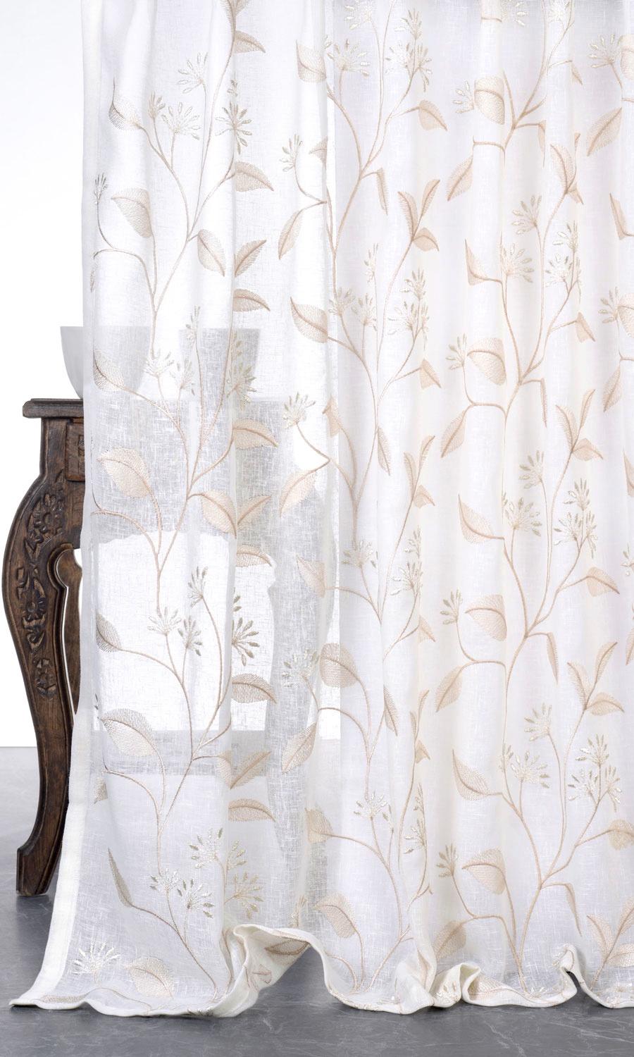 Sheer Floral Embroidered Home Décor Fabric By the Yard (White/ Beige)