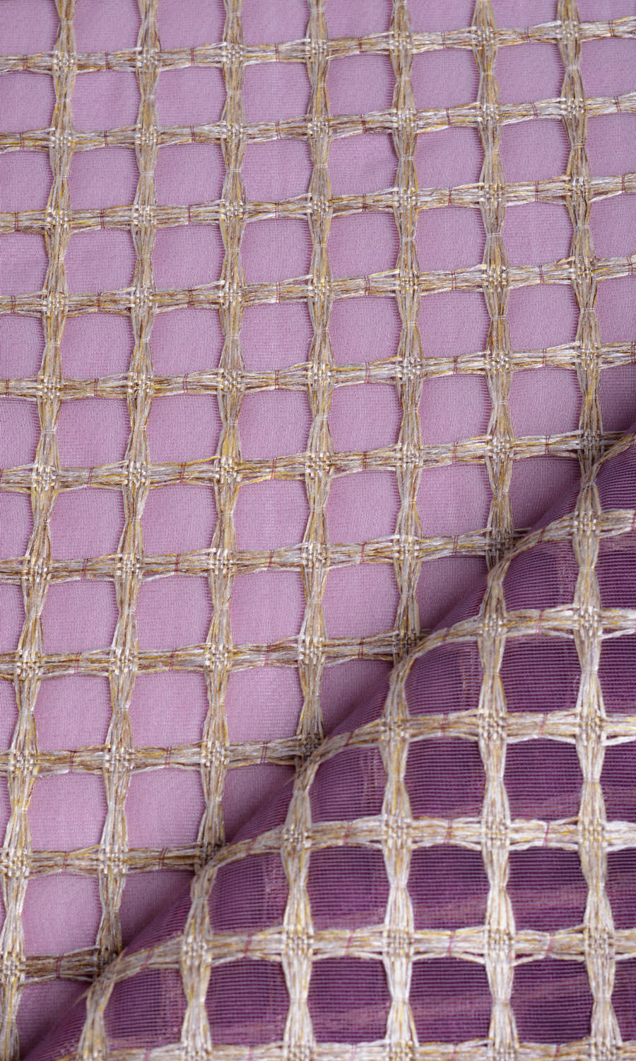 Embroidered Check Sheer Home Textile Fabric Material By the Metre (Purple and Gold)
