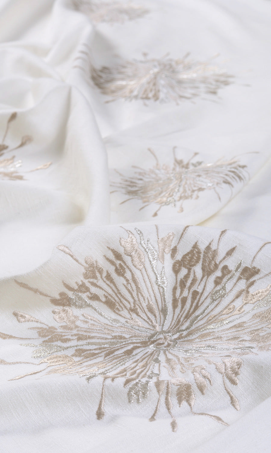 Sunburst Embroidered Fabric Sample for Curtains & Drapes (White & Pale Beige)
