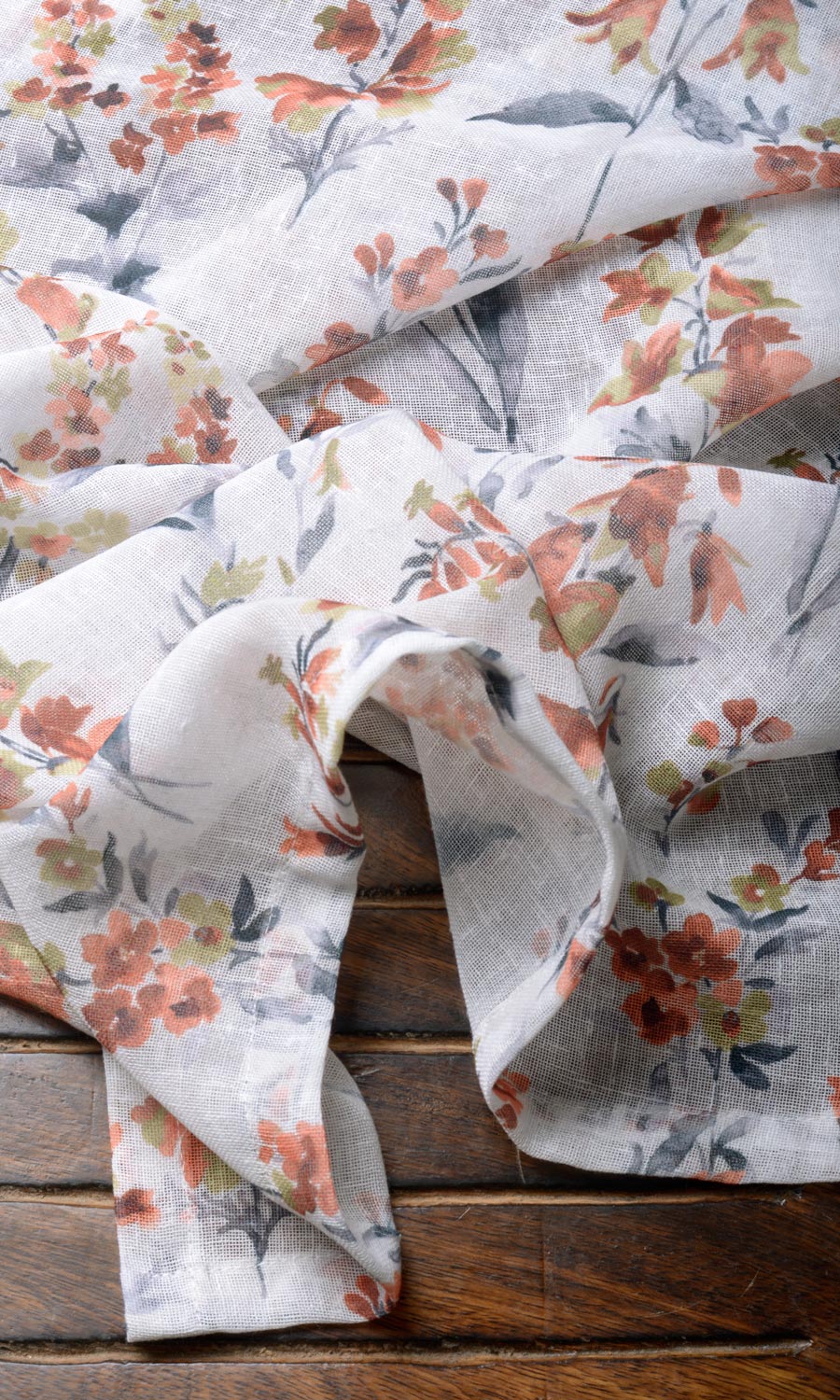 Floral Print Sheer Fabric Material By the Yard (White/ Orange)