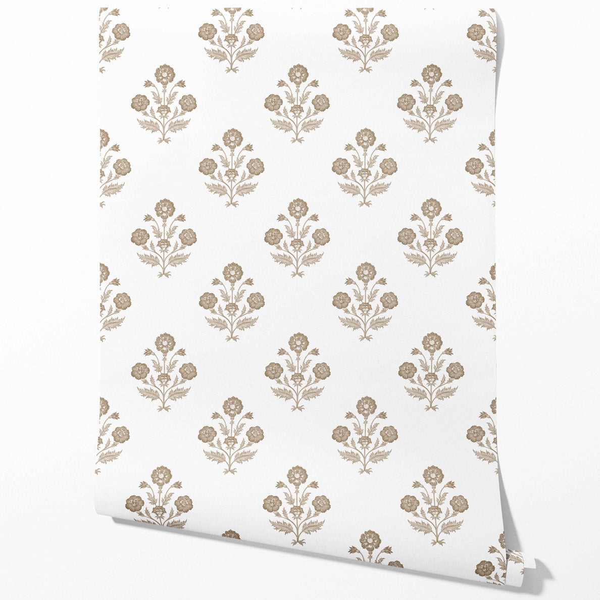 Neutral Floral Block Print Traditional Wallpaper (Brown/ White)