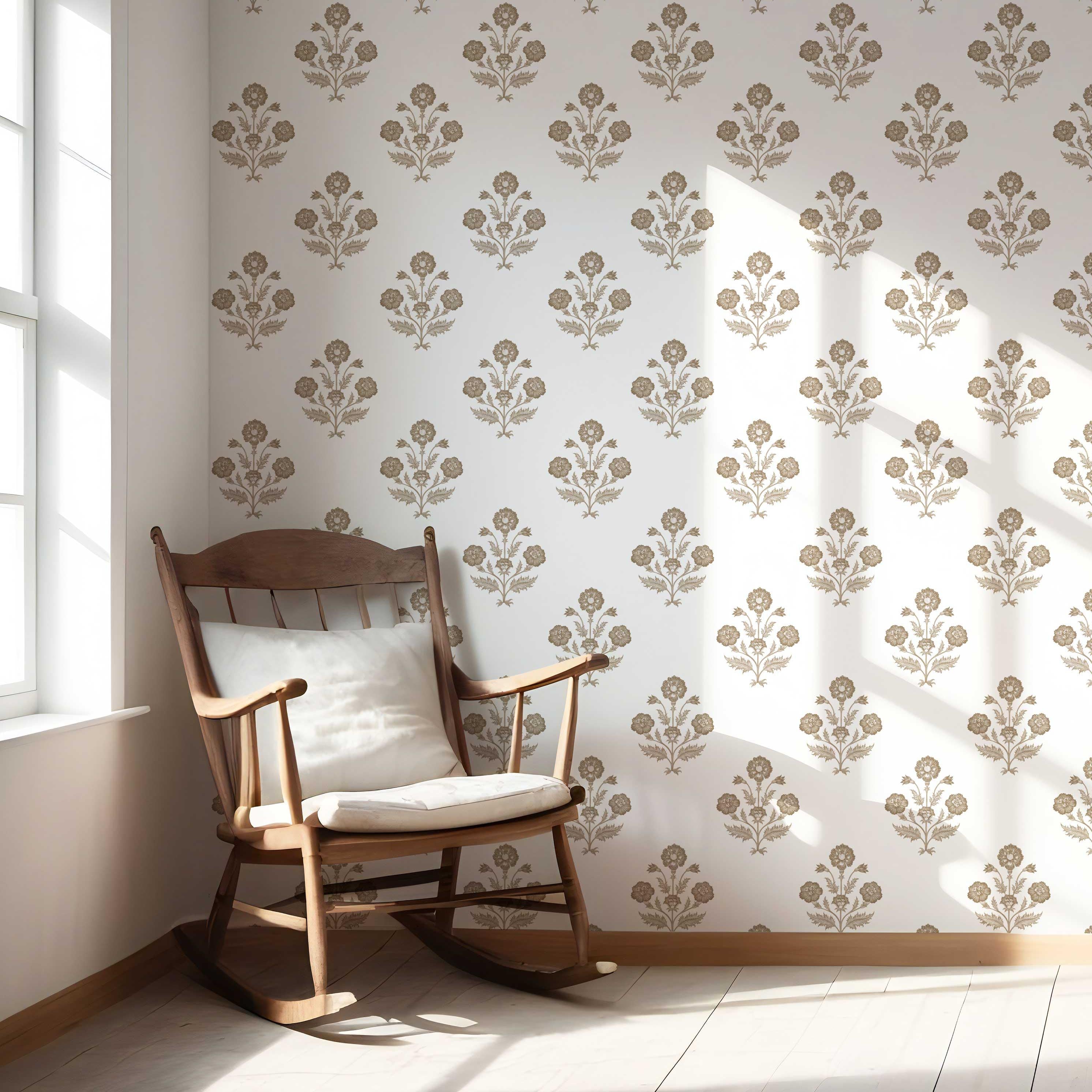 Neutral Floral Block Print Nursery Wallpaper (Brown/ White)