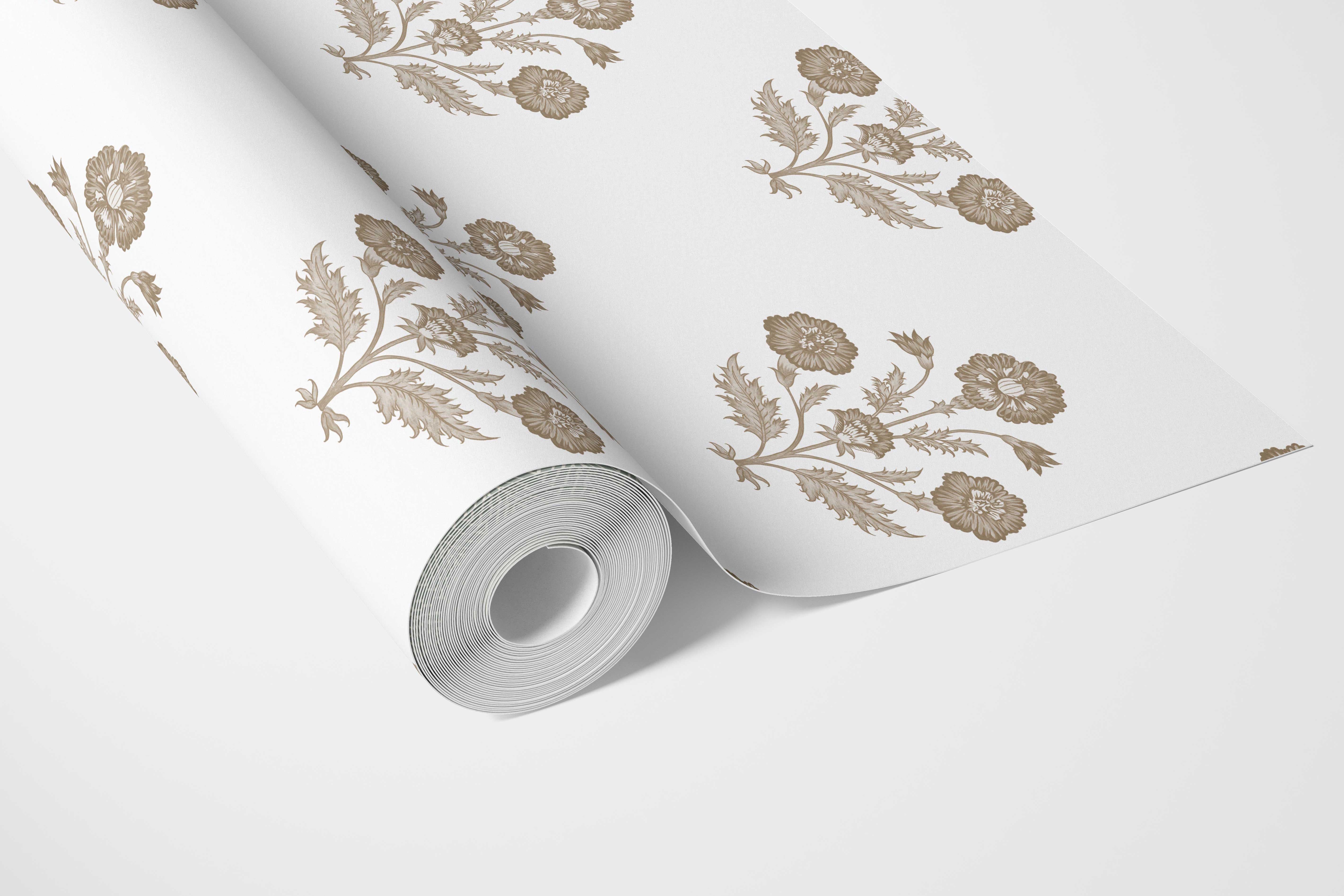 Neutral Floral Block Print Bathroom Wallpaper Sample (Brown/ White)