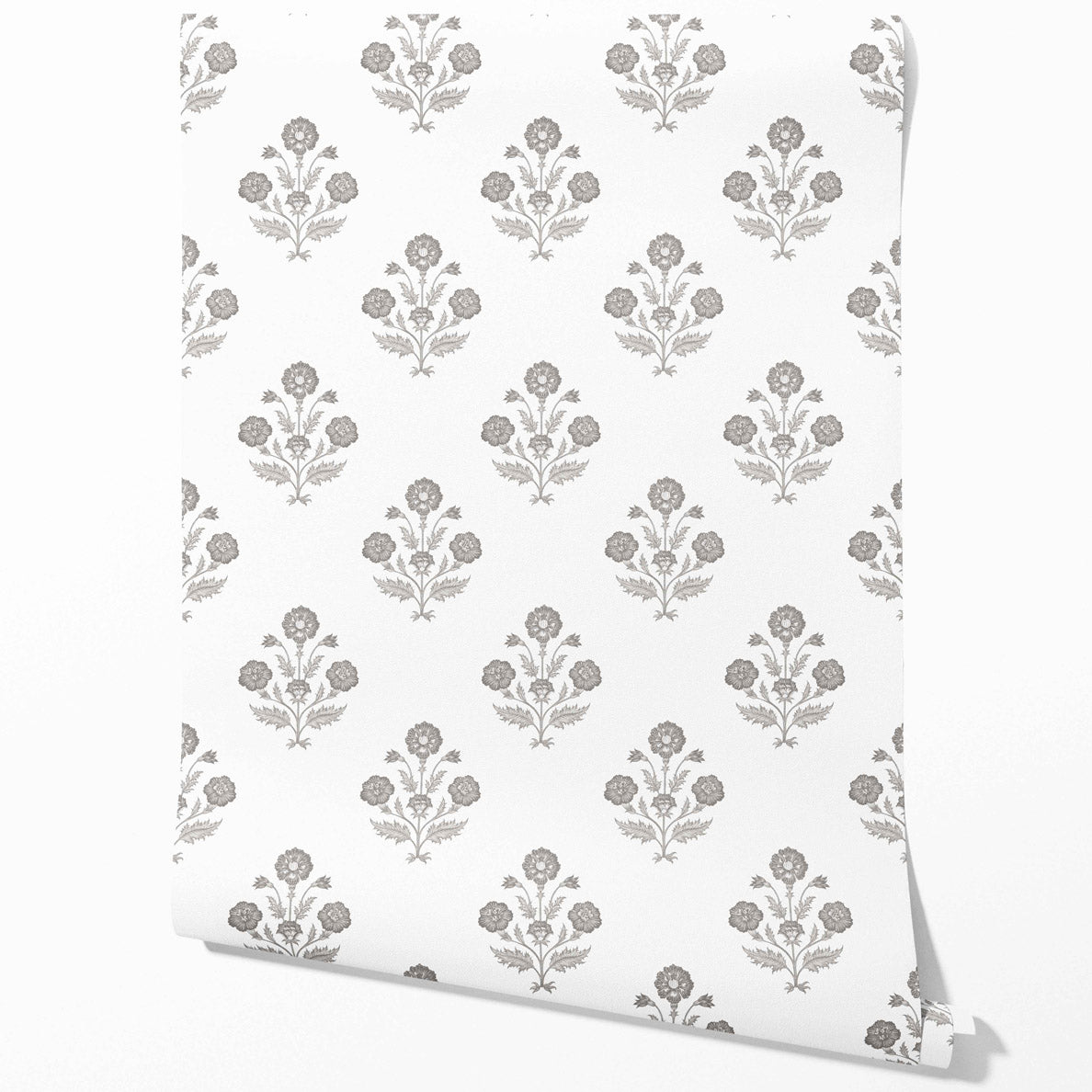 Neutral Floral Block Print Traditional Wallpaper Sample (Stormy Gray/ Taupe/ White)