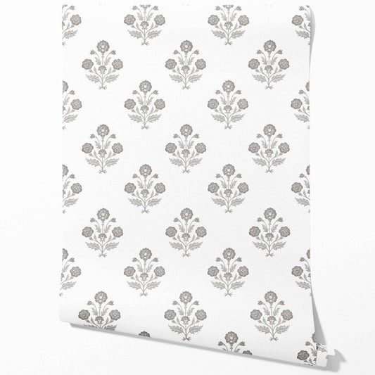 Neutral Floral Block Print Traditional Wallpaper Sample (Stormy Gray/ Taupe/ White)