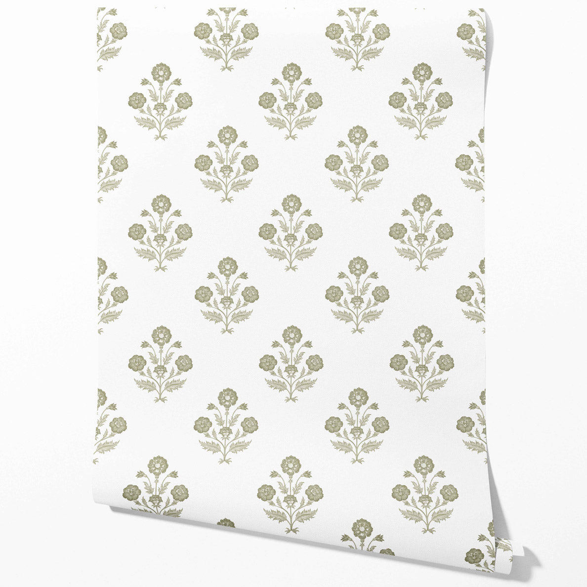 Floral Block Print Traditional Wallpaper Sample (Olive Green/ White)
