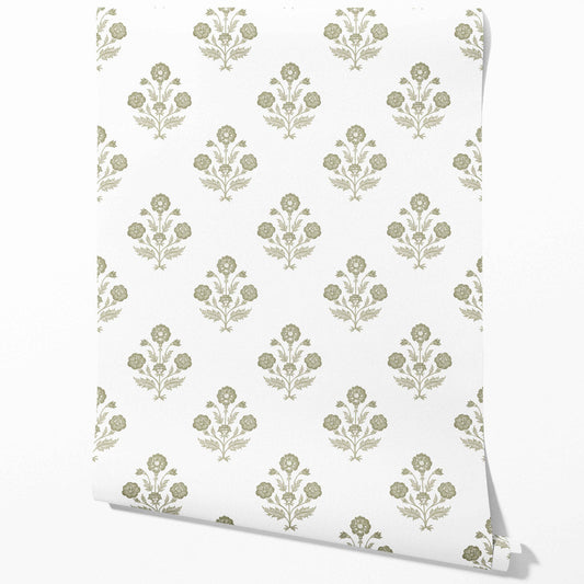 Floral Block Print Traditional Wallpaper Sample (Olive Green/ White)