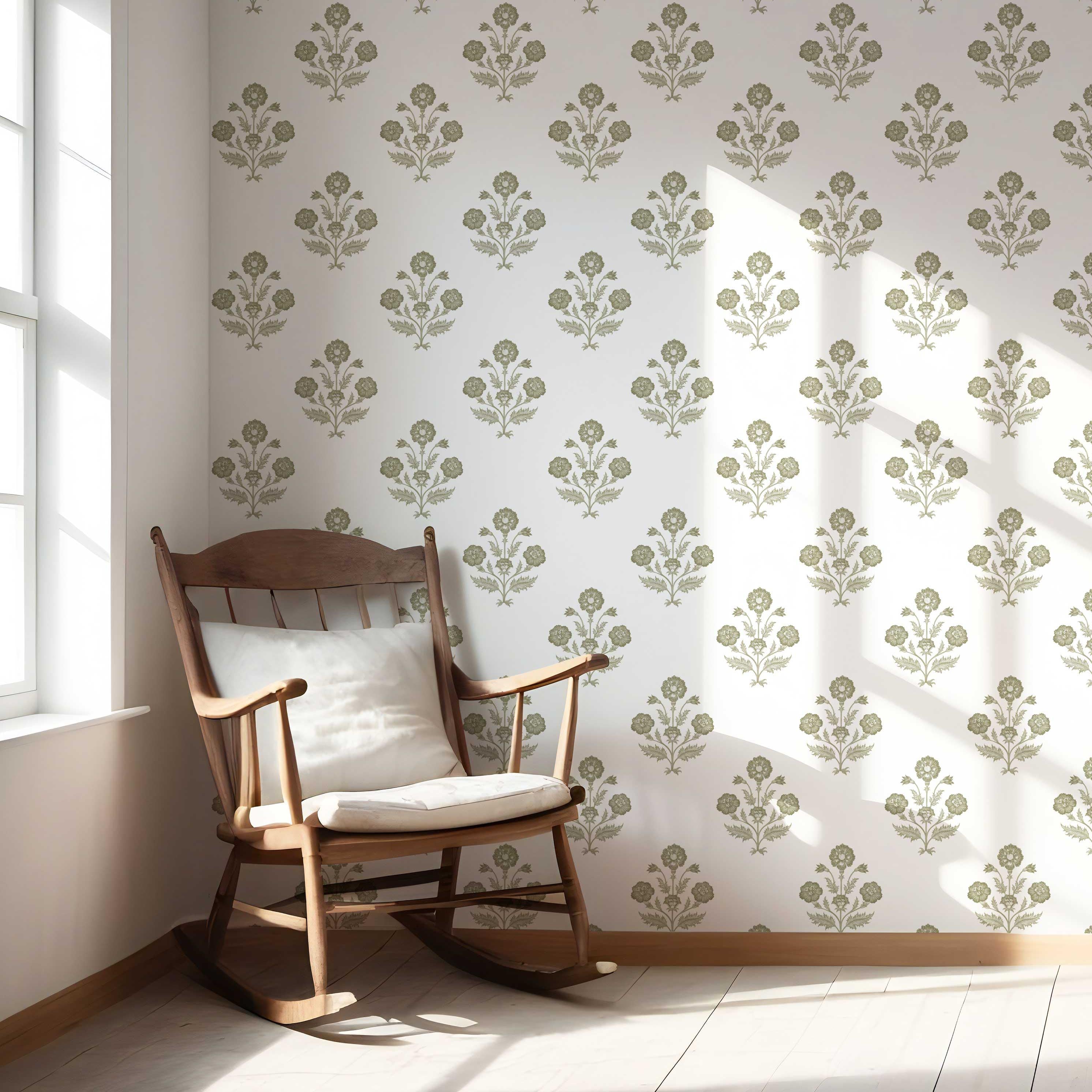 Floral Block Print Nursery Wallpaper (Olive Green/ White)