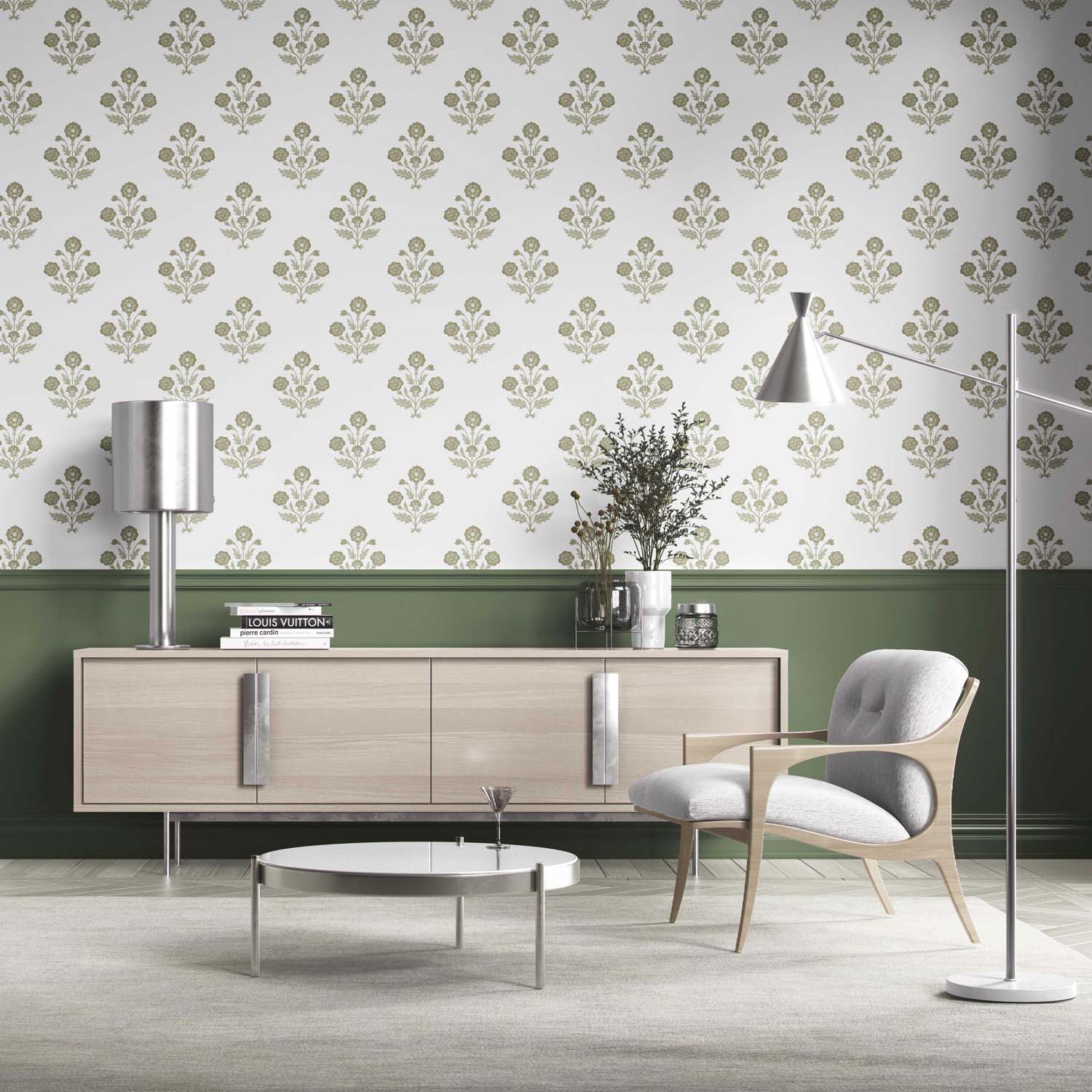Floral Block Print Kitchen Wallpaper Sample (Olive Green/ White)
