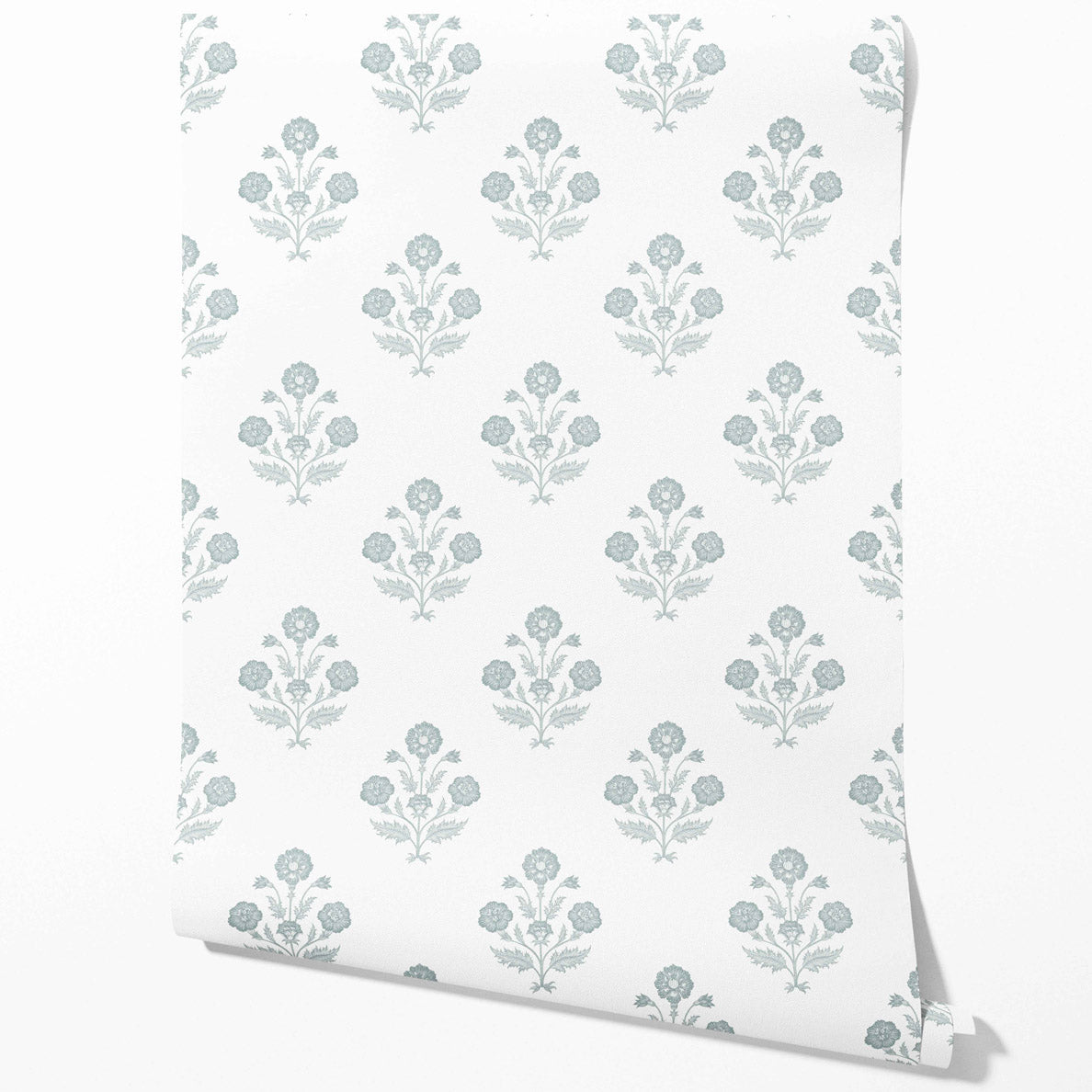 Floral Block Print Traditional Wallpaper (Duck Egg Blue/ White)