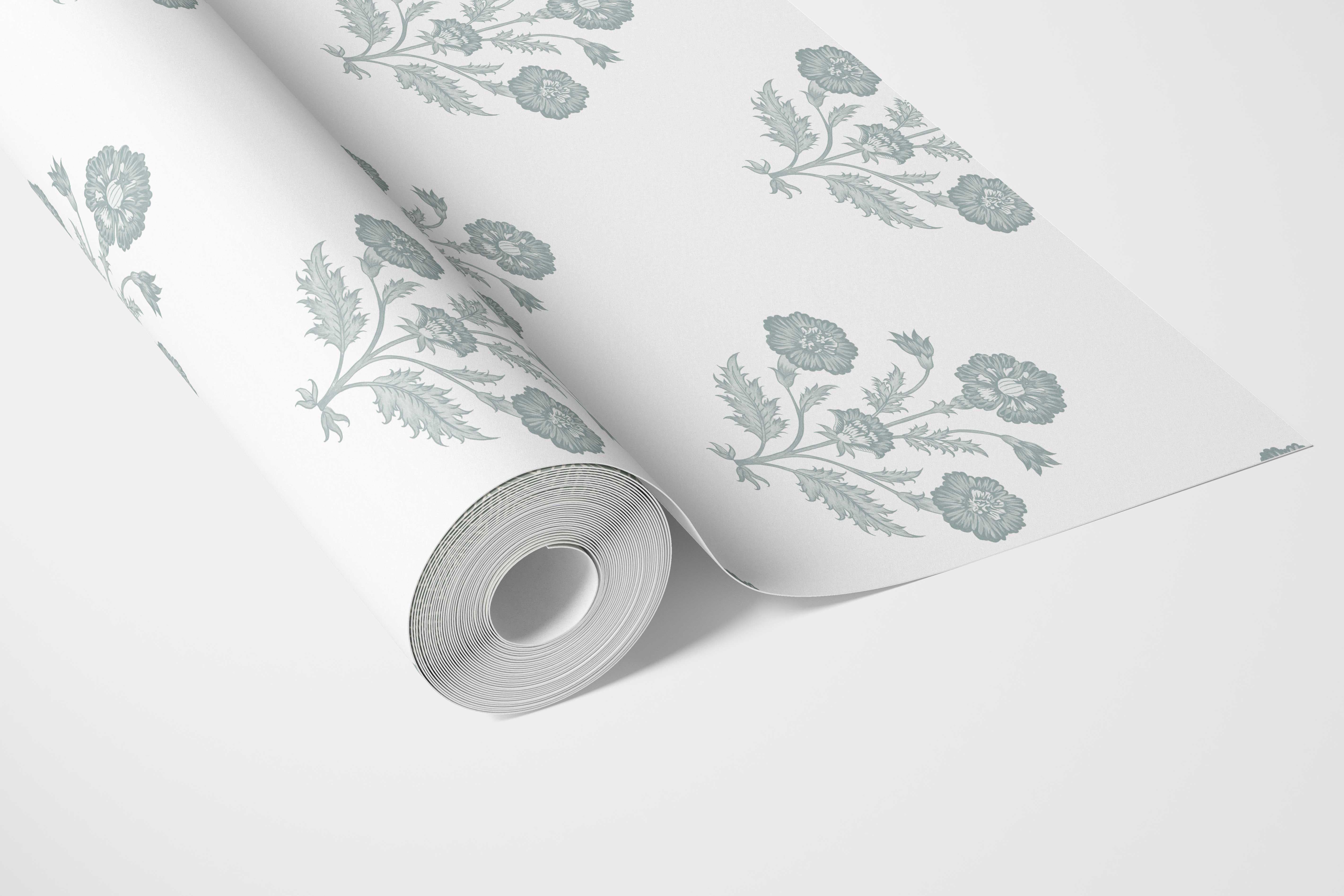 Floral Block Print Bathroom Wallpaper Sample (Duck Egg Blue/ White)