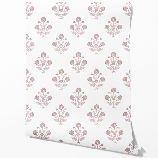 Floral Block Print Traditional Wallpaper Sample (Light Rose Pink/ White)