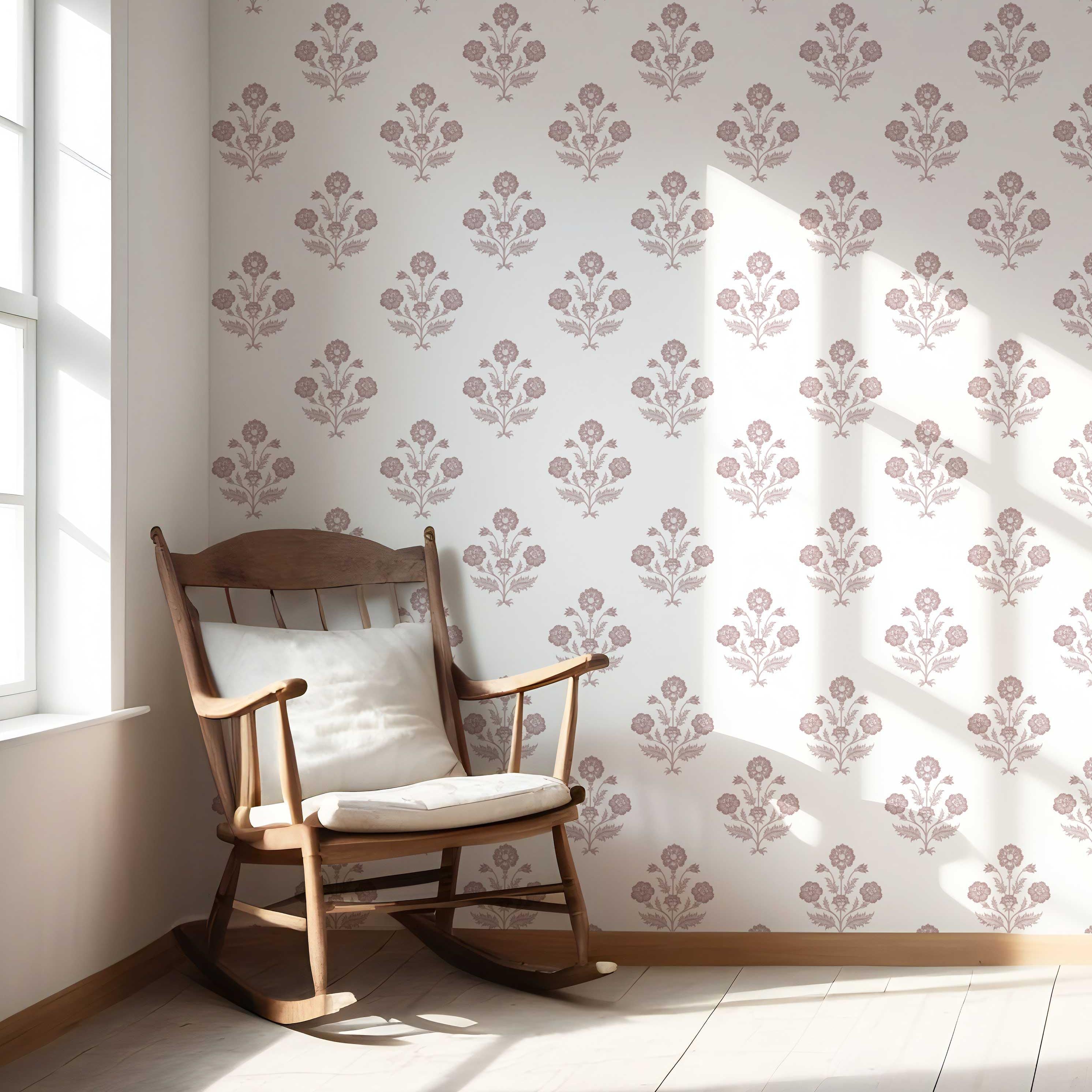 Floral Block Print Nursery Wallpaper (Light Rose Pink/ White)