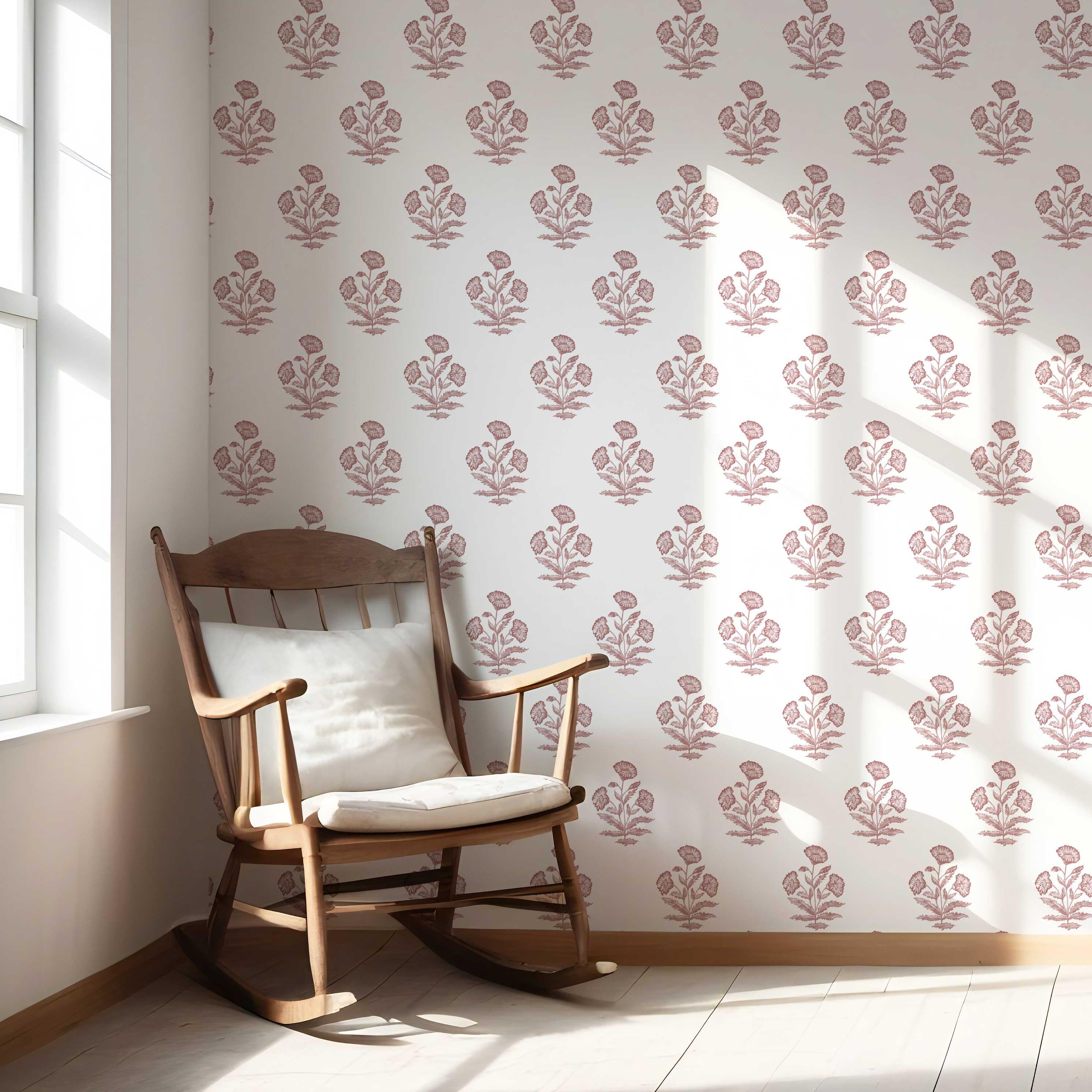 Floral Block Print Nursery Wallpaper Sample (Pink/ White)