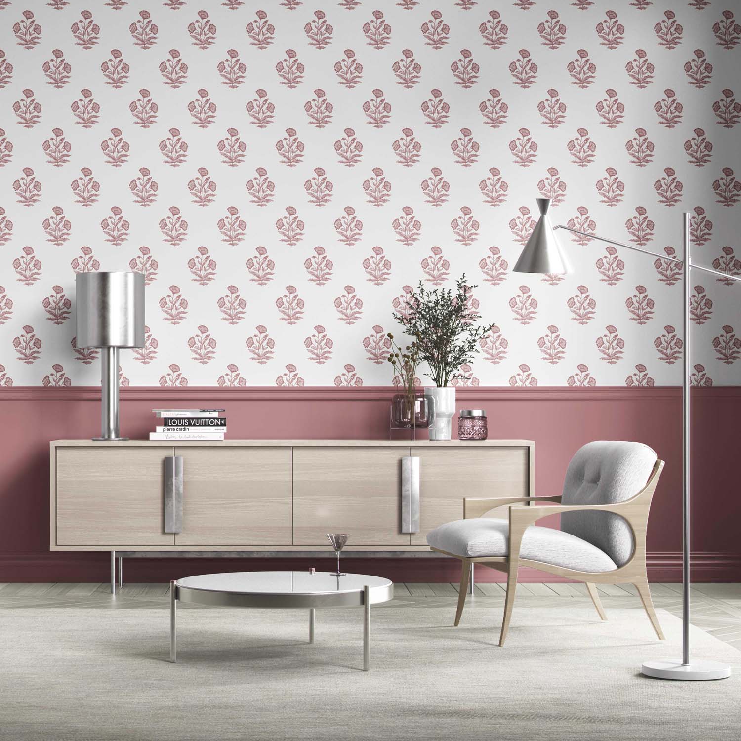 Floral Block Print Kitchen Wallpaper Sample (Pink/ White)