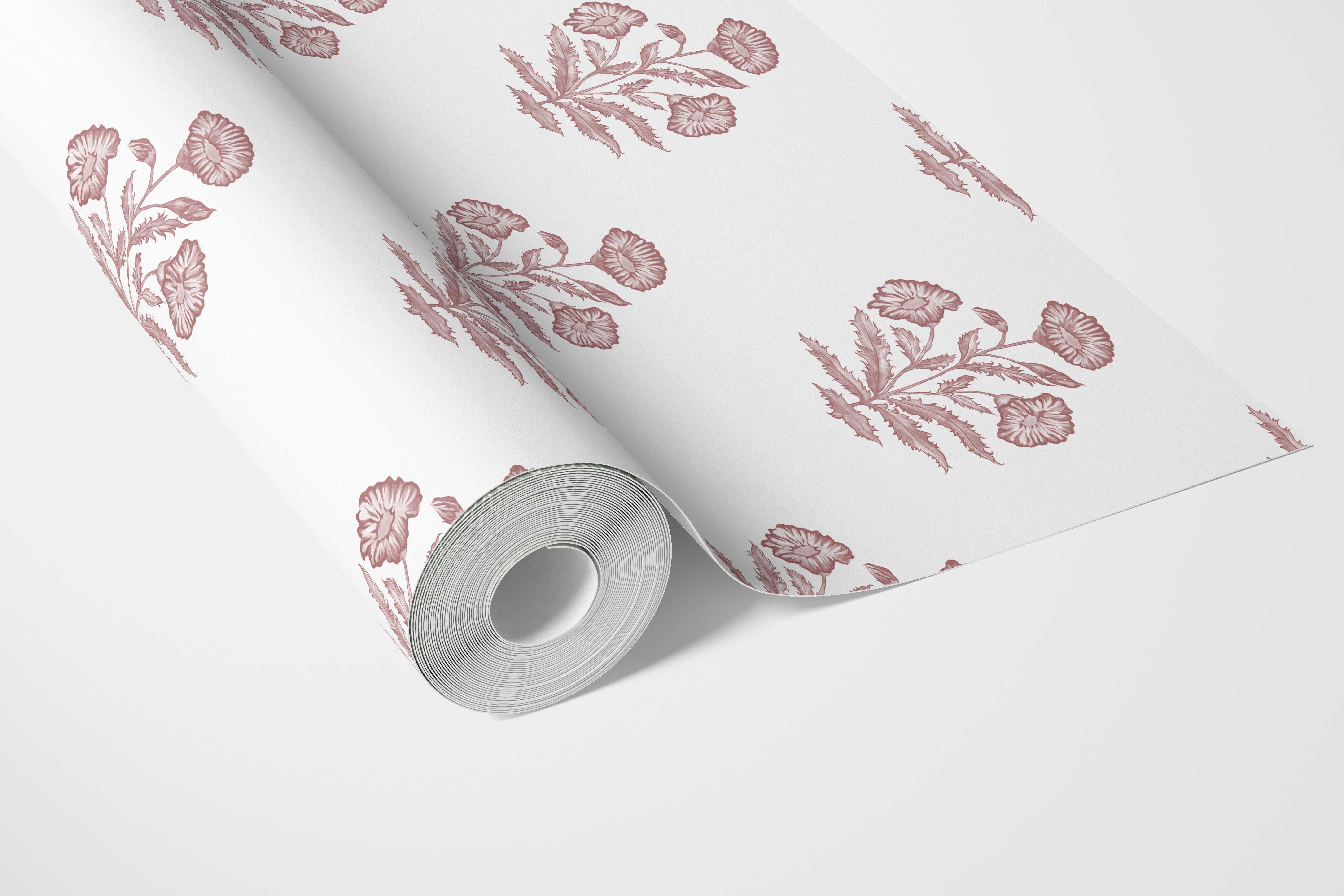 Floral Block Print Bathroom Wallpaper (Pink/ White)