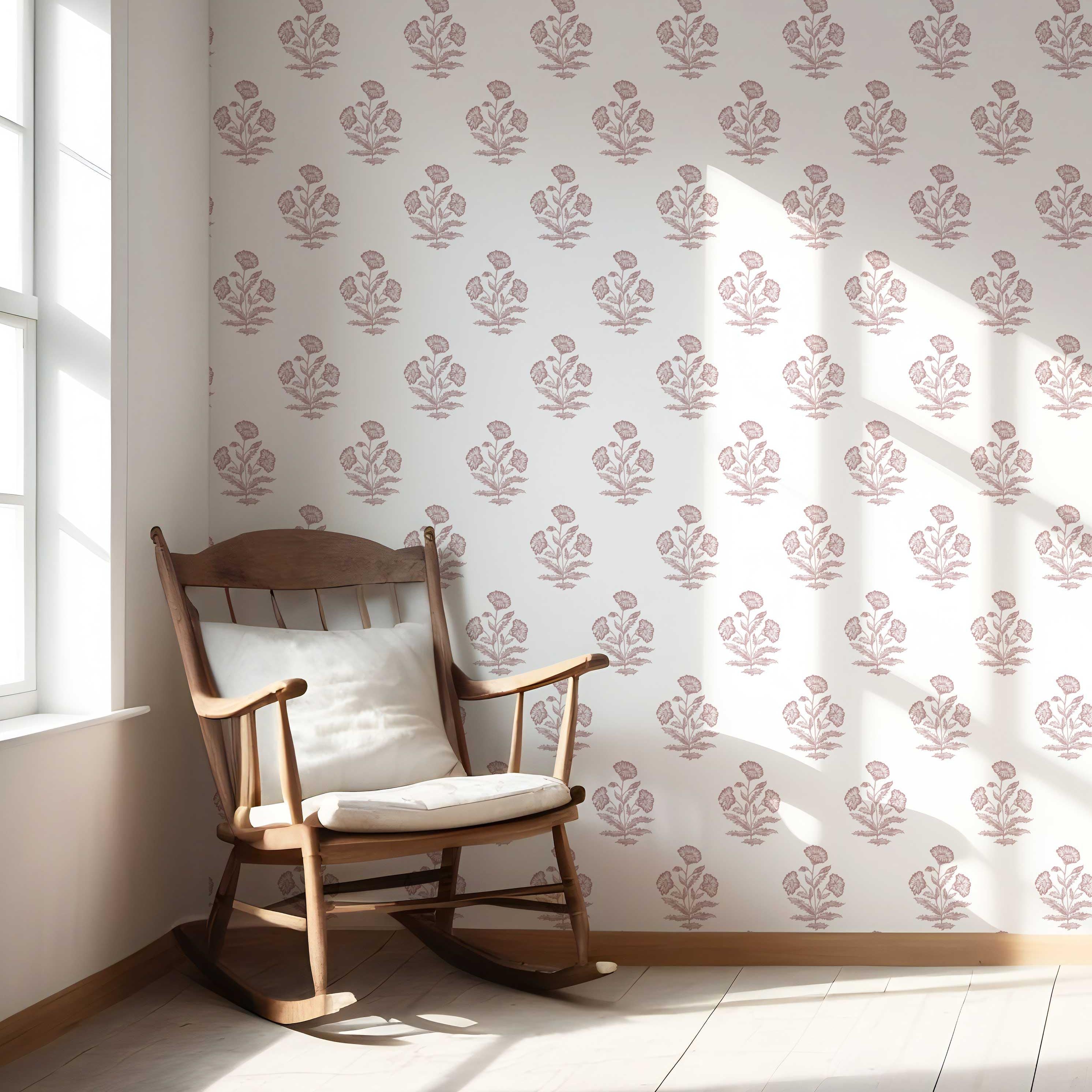 Floral Block Print Nursery Wallpaper Sample (Light Pink/ White)