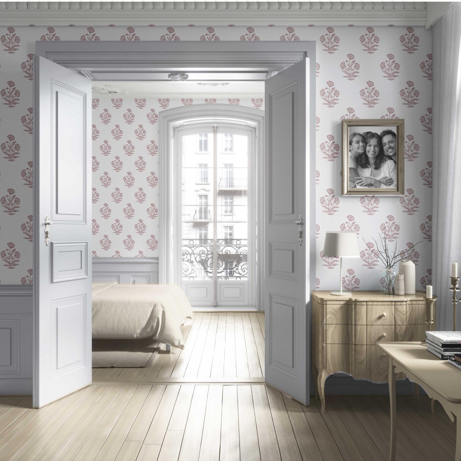 Floral Block Print Living Room Wallpaper Sample (Light Pink/ White)