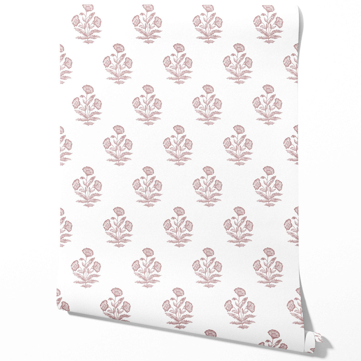 Floral Block Print Traditional Wallpaper Sample (Light Pink/ White)