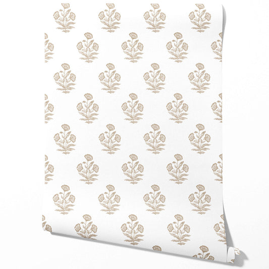 Neutral Floral Block Print Traditional Wallpaper Sample (Beige/ Taupe/ White)
