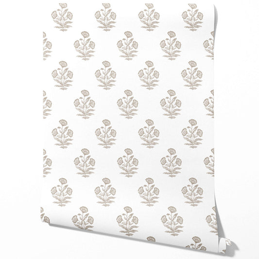 Neutral Floral Block Print Traditional Wallpaper Sample (Greige/ Warm Gray/ White)