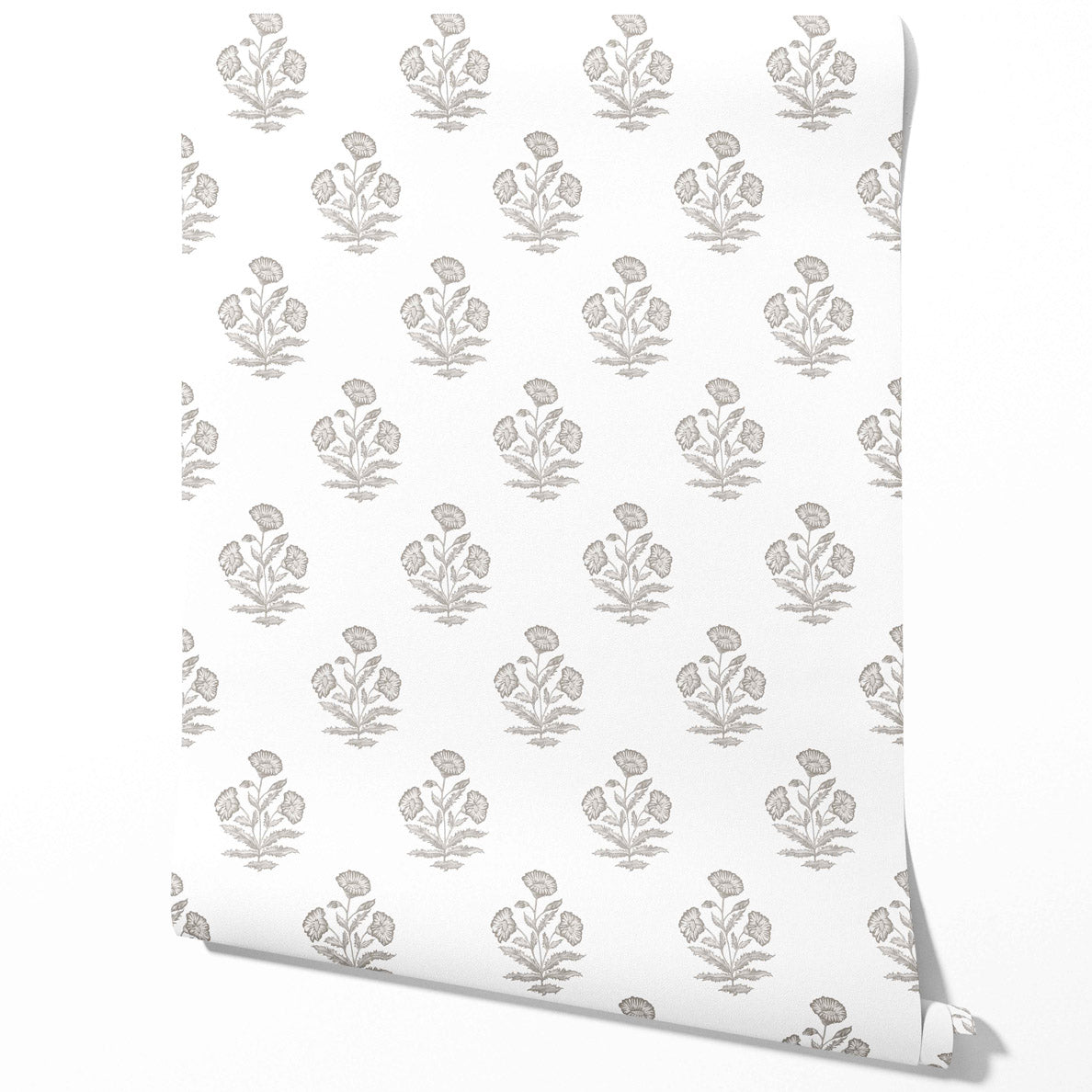 Neutral Floral Block Print Traditional Wallpaper (Gray/ White)